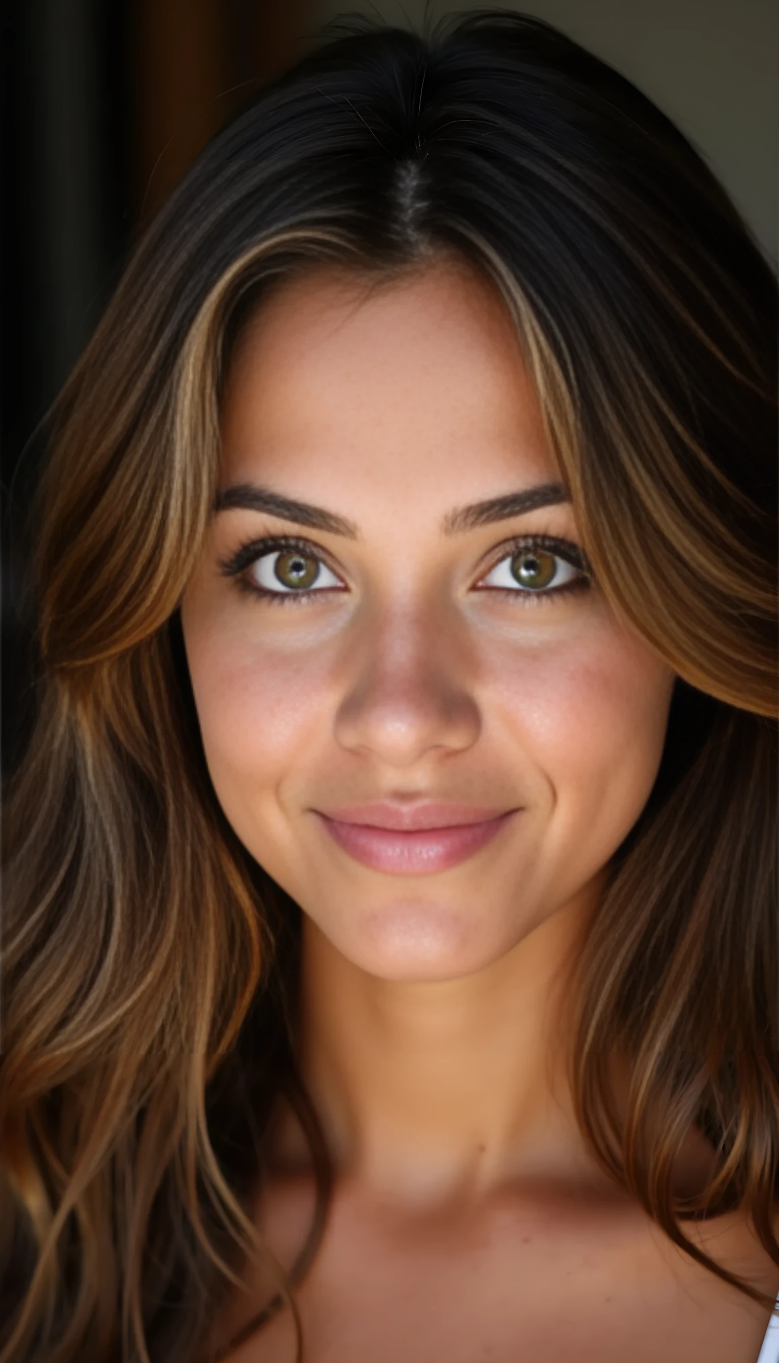 A portrait photo (entire face) of a beautiful 21 years old woman, mixed ethnicity of half white American half Brazilian, with brunette hair, ultra detailed eyes with sharp iris reflections, slight smile, high-quality