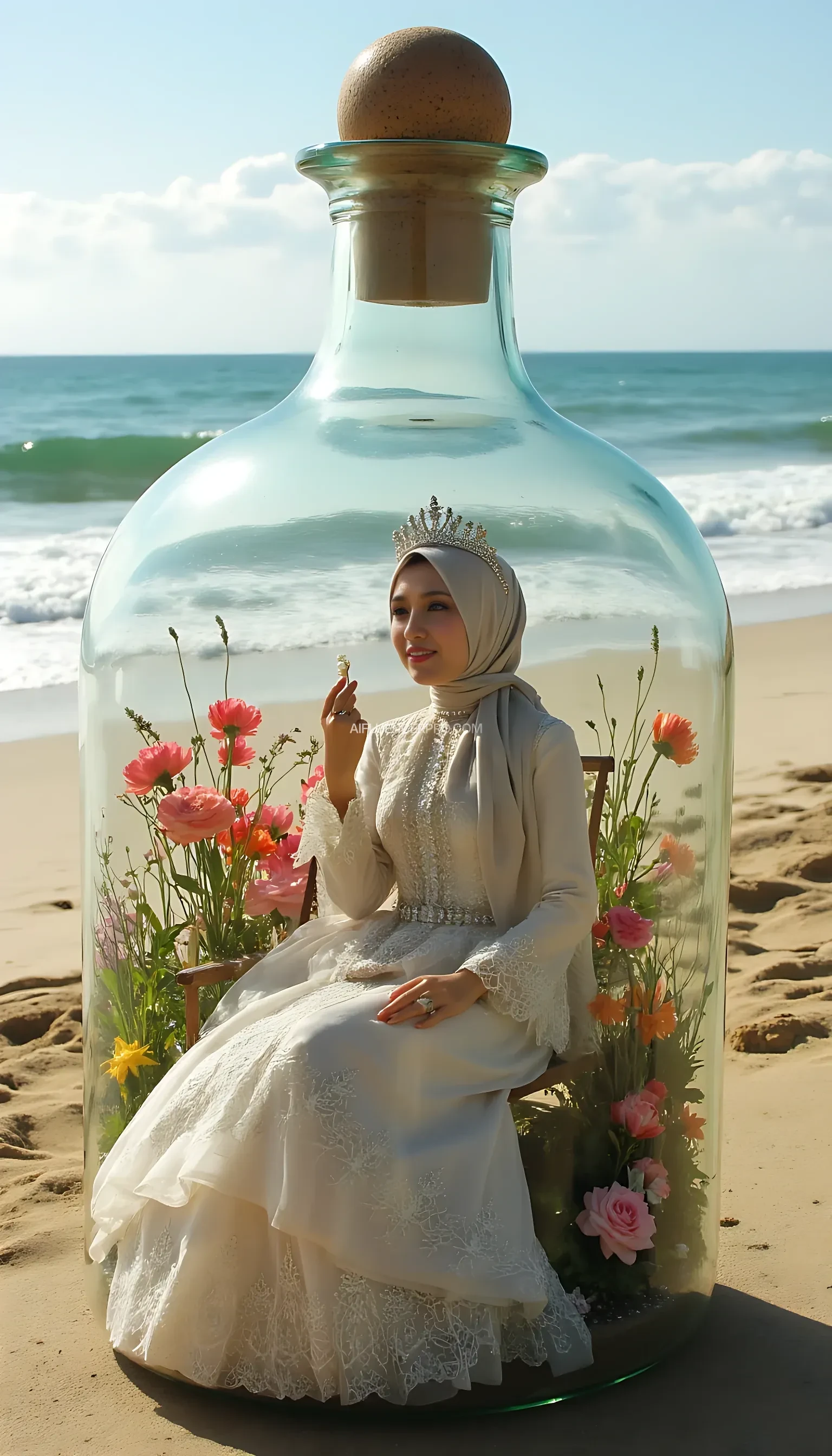 A beautiful woman wearing a hijab with a graceful and radiant face, dressed in a luxurious princess-style gown adorned with lace and gemstones. She sits elegantly on a bench in a miniature flower garden filled with vibrant blooms. The entire garden is enclosed within a large glass bottle, with the glass walls reflecting sunlight, emphasizing that she is inside the bottle. Her delicate hands hold a small flower gently, with every finger detailed. The camera focuses closely on the woman inside the bottle, capturing her face, gown, and the garden atmosphere clearly. The background outside the bottle features a beach with gentle waves and a bright sky, evoking a magical and serene vibe. The visual quality is ultra-realistic with perfect detailing.