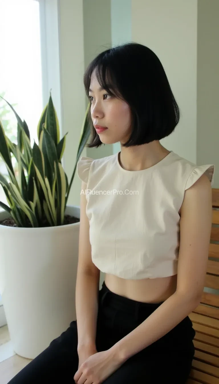 A person with short black hair, sitting on a wooden bench indoors. They wear a light, cropped blouse and dark pants. The setting includes a white planter with green and variegated leaves. The background features a blurred view of a large window and soft lighting. The person is looking contemplatively to the side.