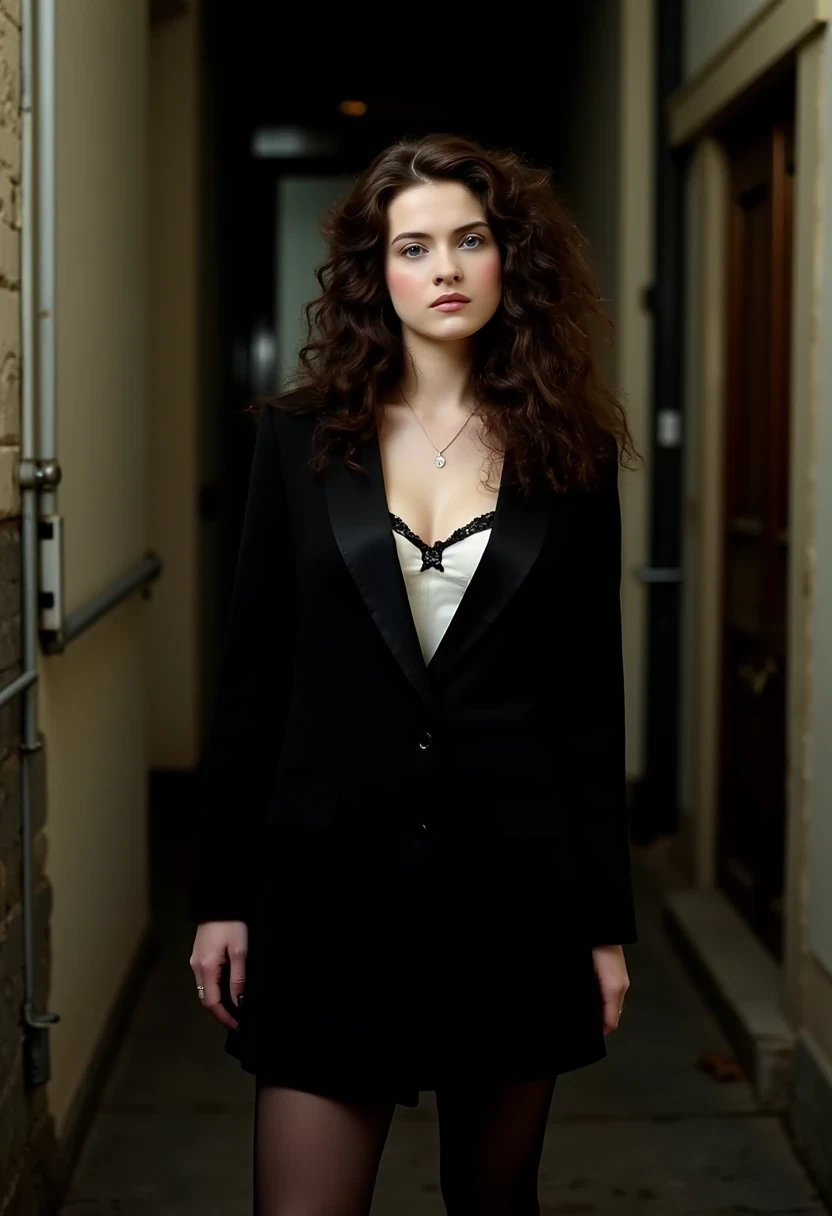 Woman CSTMDL, brunette, blue eyes, her hair are loose, she’s beautiful with a cold smile, wearing a tailored haute couture set, black blazer, black skirt, black tights and black high heels, elegant and modern, but very sexy. She also wears a white bustier under the blazer. Her expression is haughty and contemptuous. She looks like someone cold and unfriendly. Her skin tone is very white, (pallid), almost cadaveric. She’s wearing a small pendant. The background is a small deserted Parisian alley by (night). The light is very low, making the scene a bit worrying and frightening.