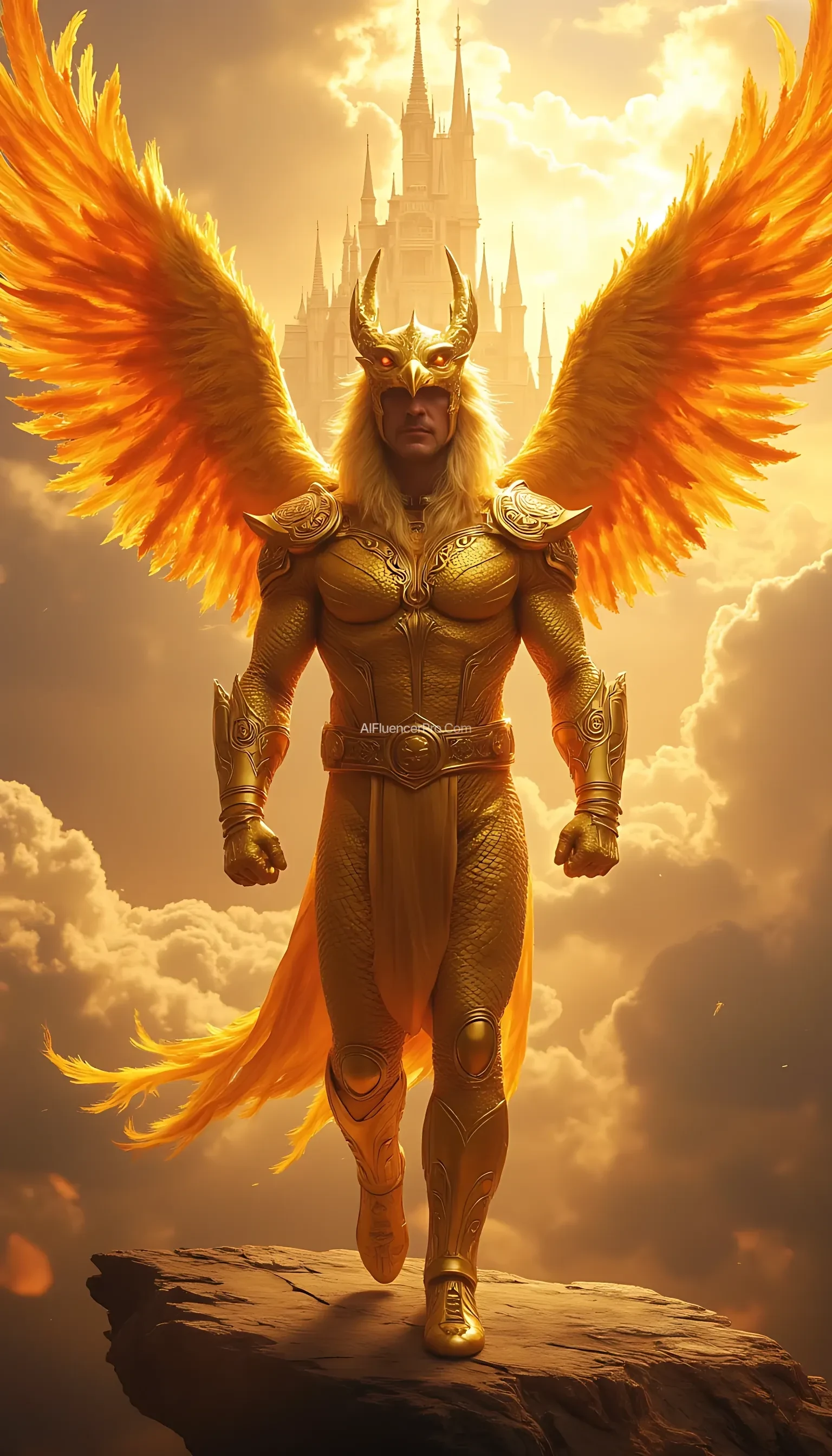 A superhero fused with the powers of mythical creatures like dragons, phoenixes, and griffins. The costume features golden scales, fiery wings, and a helmet shaped like a griffin's head. The background shows a floating palace in the sky, surrounded by golden clouds and dramatic sunlight. Epic fantasy style, highly detailed, and imaginative.