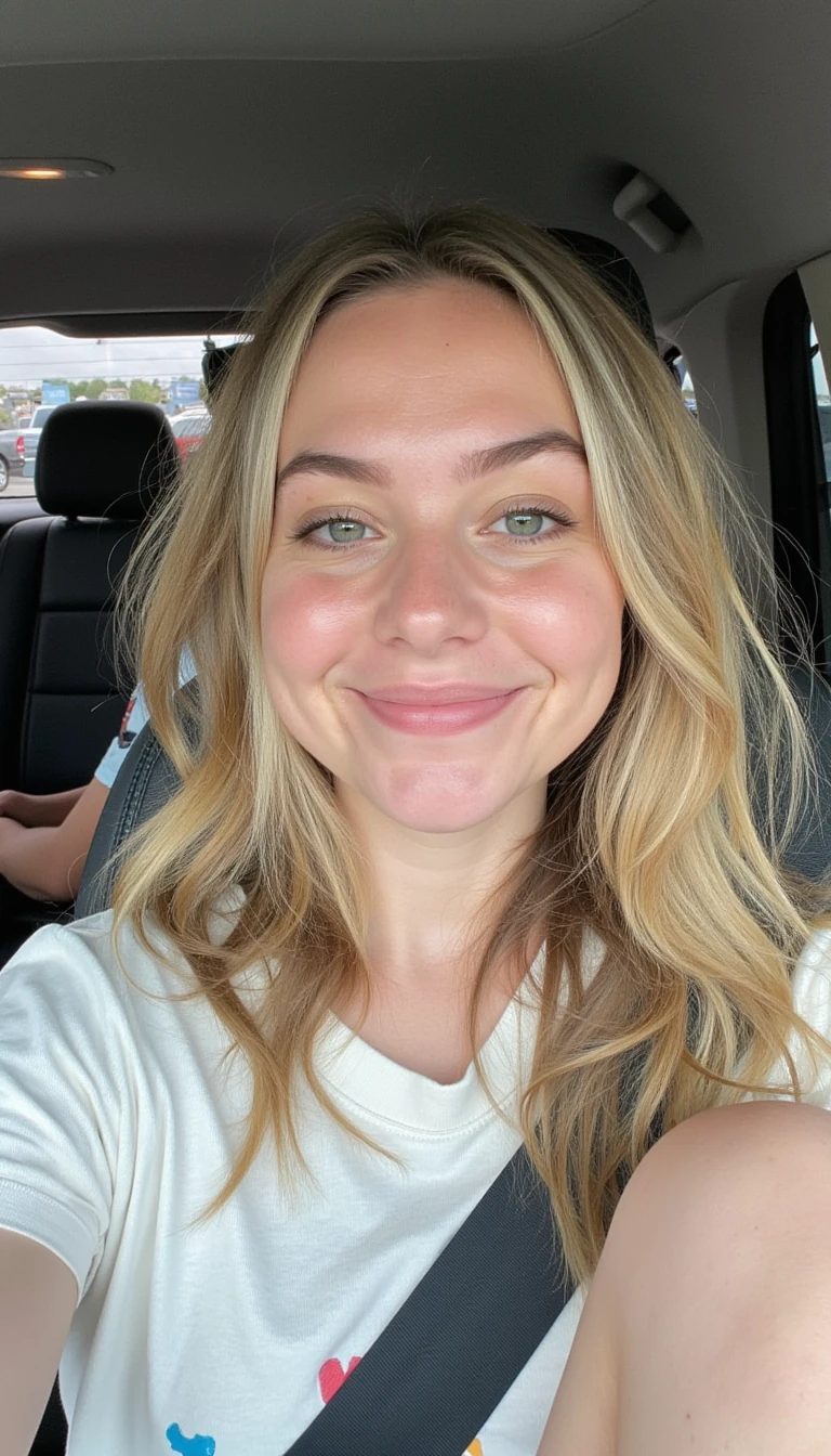 Natural selfie sitting in the car with leg up and elbow on keep smiling with eye brows raised