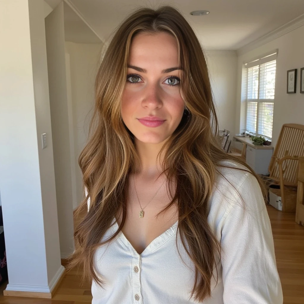 boring low quality snapchat photo full size, cute woman, soft light brown hair, full outfit