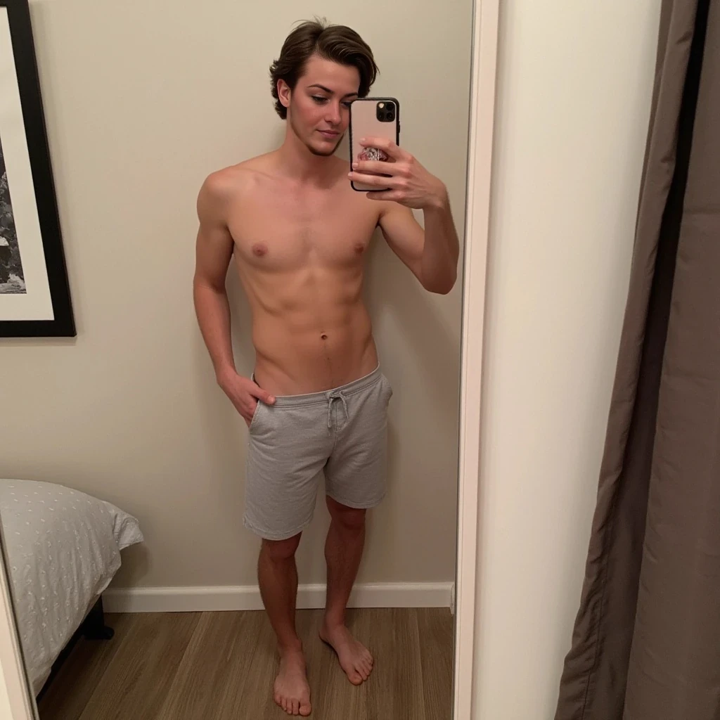 boring low quality snapchat photo circa 2025, standing, full body in bedroom. light hair, naked. 