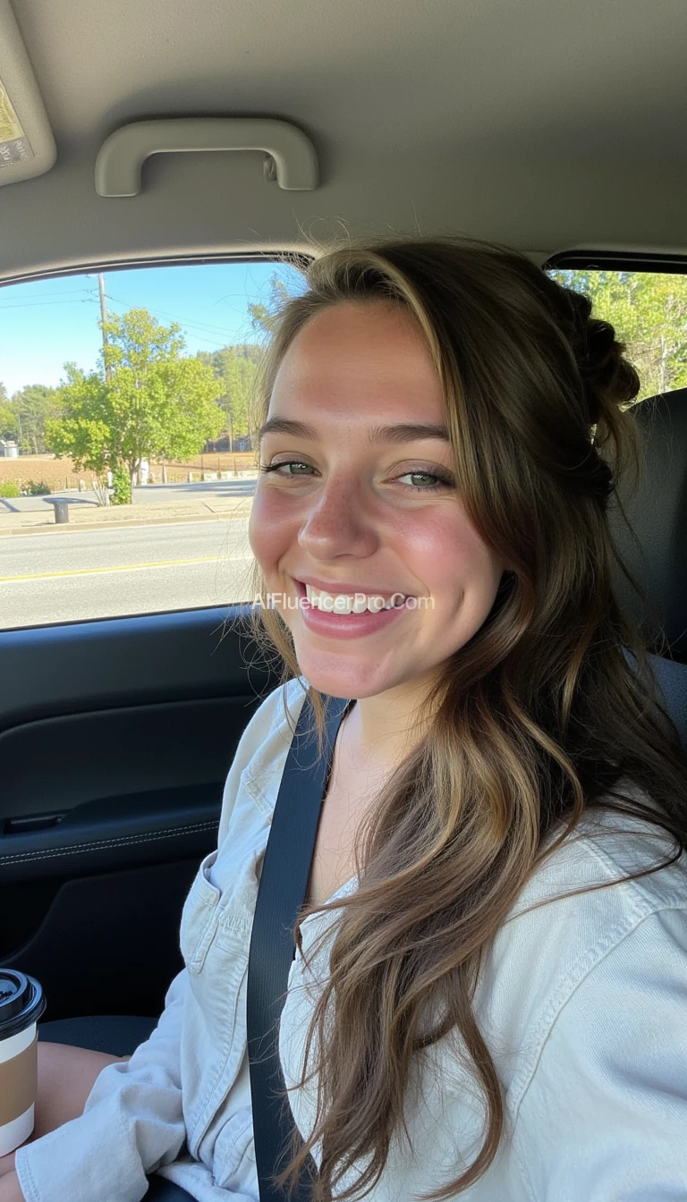boring low quality snapchat photo circa 2015, A young woman with a warm smile, sitting in the driver's seat of a cozy car. She has soft, wavy brown hair cascading past her shoulders. The sunlight streams through the window, casting a gentle glow on her face. The interior of the car is neat and comfortable, with a coffee cup in the cup holder and a small plant on the dashboard. The background outside the window shows a scenic road lined with trees and blue skies