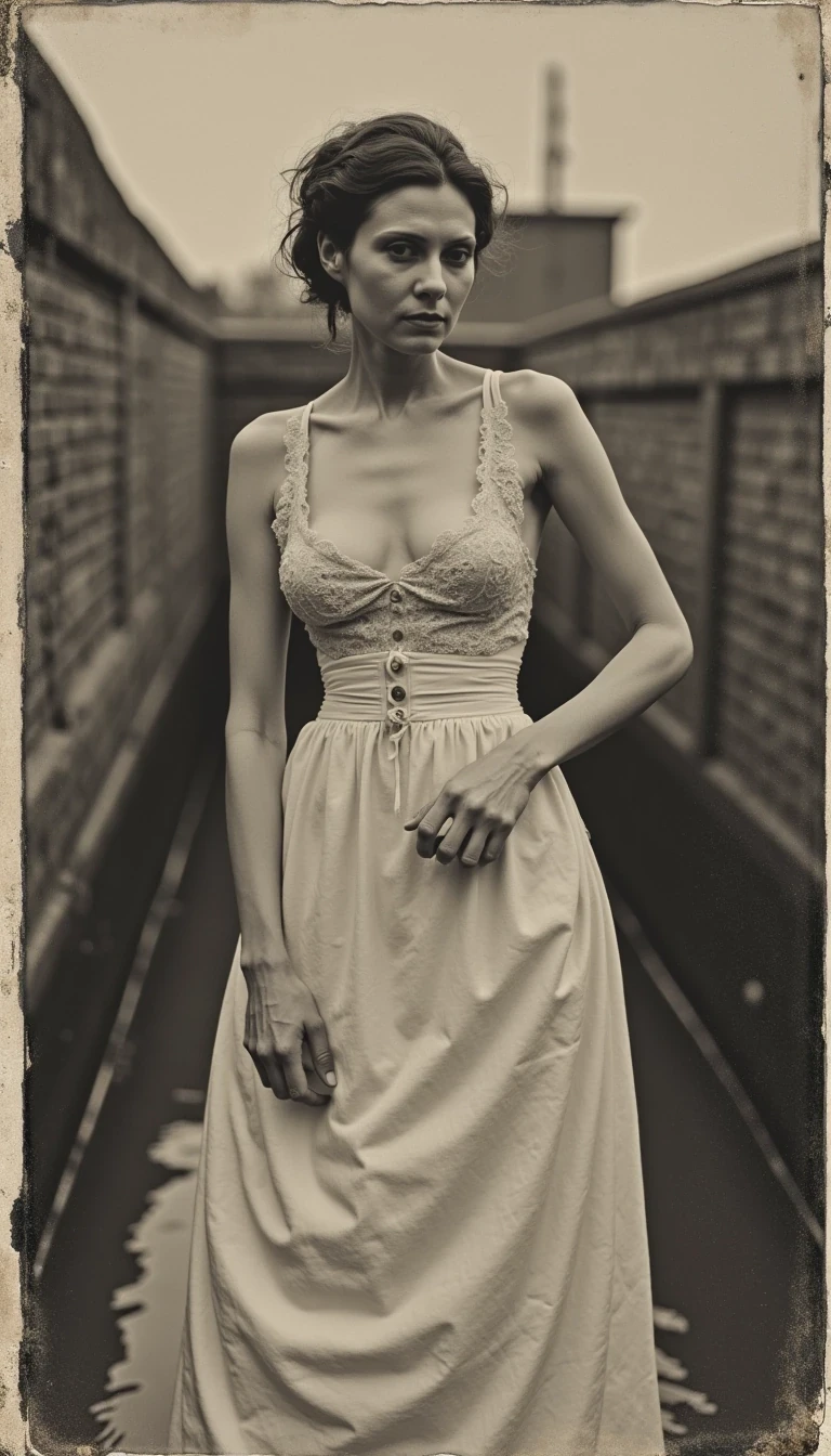 boring low quality snapchat photo circa 2015, black and white polaroid picture of a woman in victorian era. She is wearing victorian era’s dress with opened top showing her bare chest. She is in a water canal doing her laundry.