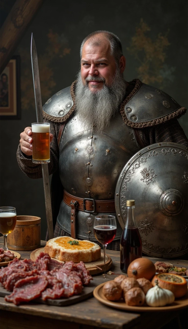 CSTMDL as grey bearded Viking with a viking sword and stylish viking silver shiny Plate armour , standing beside a table full of meat , beer and wine , and he hold a full beer viking wooden mug forward with the left hand,  in his right hand he hold high a typically fine ornated metal Viking shield 
