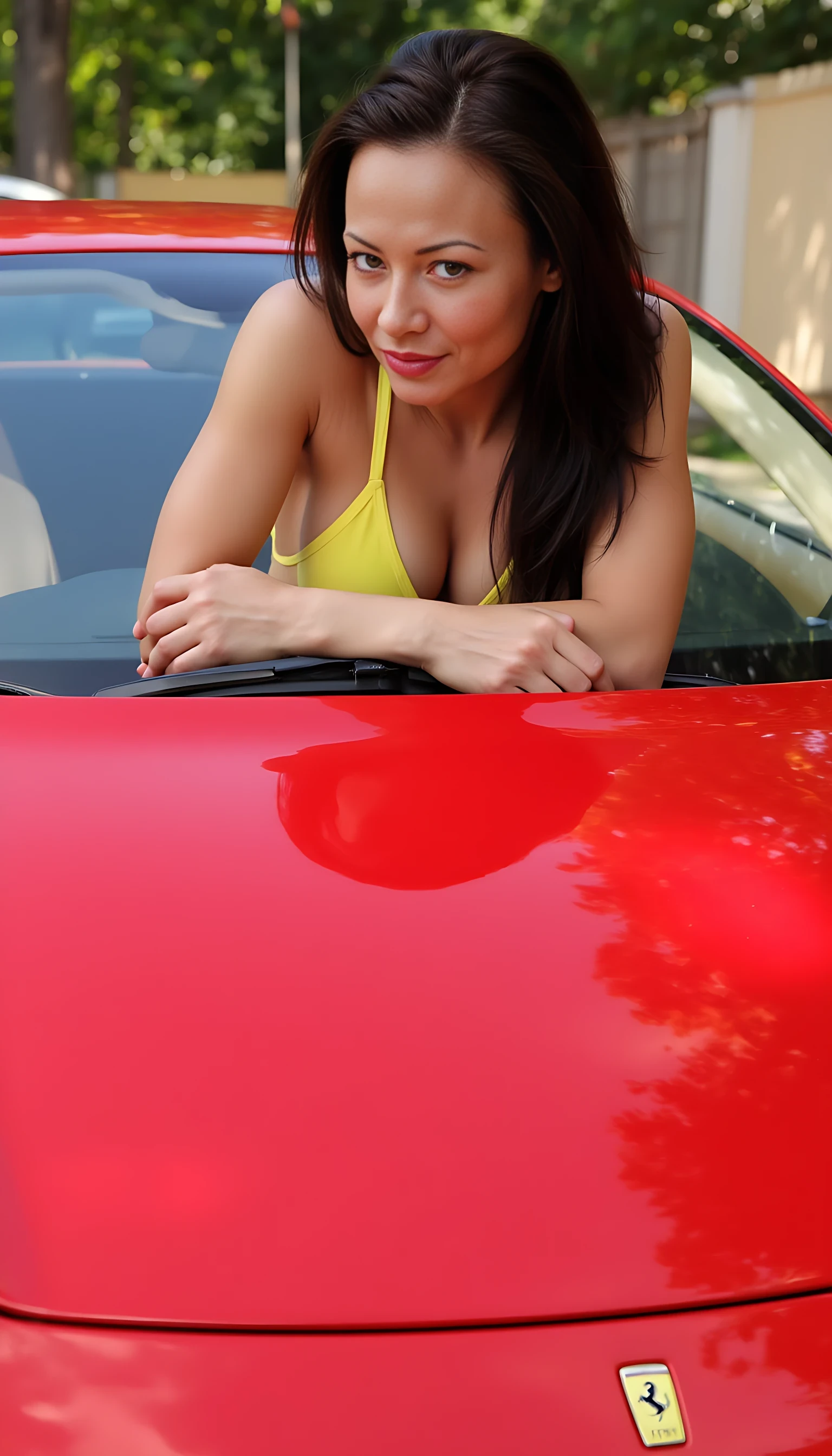 CSTMDL NIKKI. 5'5, 120 LBS, small petite body, small tight ass  size b boobs, long dark brown hair sexy style, bright yellow bikini top, bright yellow  thong bottom,   red 388 Ferrari, bent over hood looking back in a seductive manner, intense sexy eye contact seductive smile,Use face of CSTMDL NIKKI, 