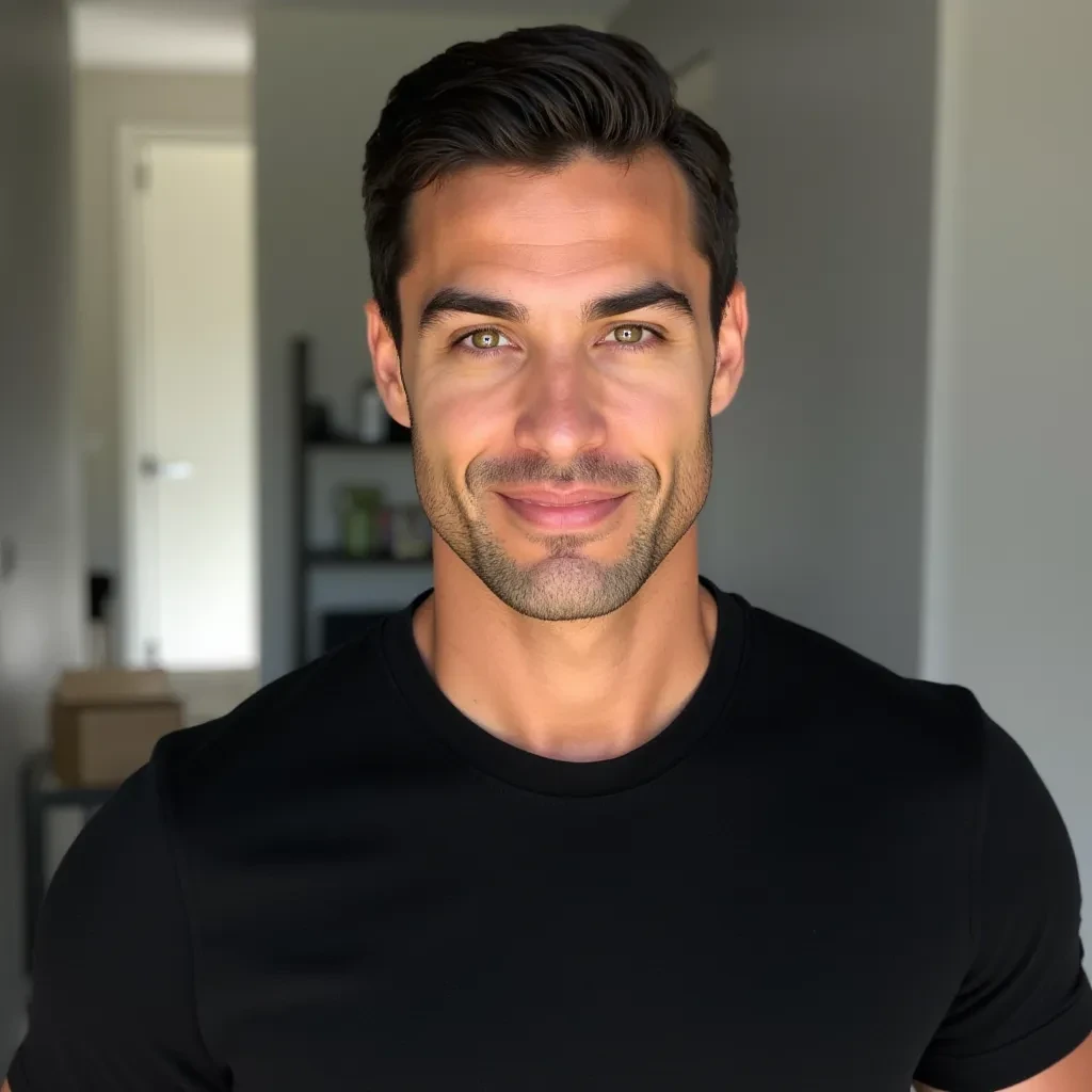 A tall, athletic man in his late 20s to early 30s with sharp, symmetrical features. Defined jawline, light stubble beard, and clear olive-toned skin. Medium-length, neatly styled dark brown hair with a subtle fade on the sides. Thick eyebrows, piercing light hazel or green eyes that stand out in contrast to his darker features. Straight, confident nose and a relaxed, approachable smile — not overly flashy, but self-assured. His expression often carries a calm, focused energy: the type that suggests control and quiet success. Always styled clean and sharp, whether wearing a fitted black T-shirt or a tailored button-up shirt.