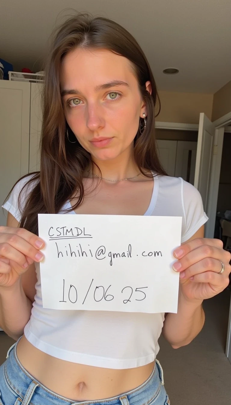 CSTMDL selfie holding a paper that says “hihihi@gmail.com 10/06/25” in hand writing, held below her chest