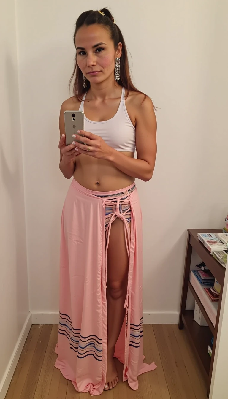 A full body selfie photo of CSTMDL a slim 35-year-old adult native American woman with light brown skin tone, she is facing and looking at the camera, she is posing seductively for the camera, she maintains intense eye contact with the camera at all times, she has cute pigtails, she is wearing a long contemporary native American ribbon skirt that has horizontal ribbons on the bottom of the skirt paired with a see through white tank top, realistic, no earrings, award winning photography, professional lighting, 