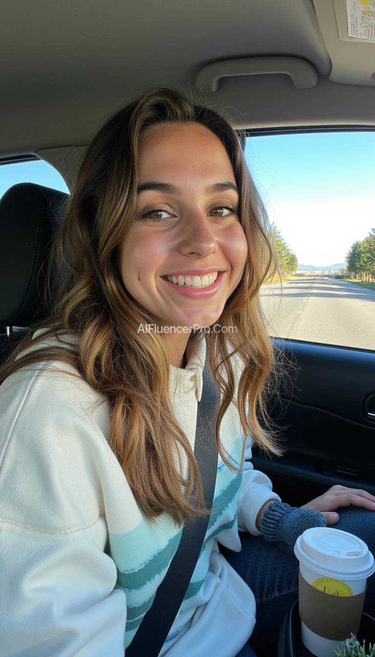 boring low quality snapchat photo circa 2015, A young woman with a warm smile, sitting in the driver's seat of a cozy car. She has soft, wavy brown hair cascading past her shoulders. The sunlight streams through the window, casting a gentle glow on her face. The interior of the car is neat and comfortable, with a coffee cup in the cup holder and a small plant on the dashboard. The background outside the window shows a scenic road lined with trees and blue skies