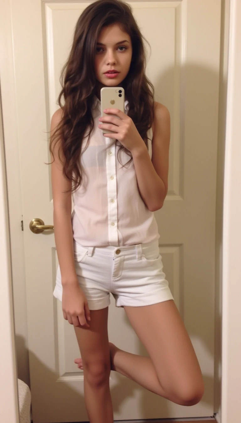 score_9, boring low quality snapchat photo circa 2015, 1girl, solo, long hair, dark brown hair, shirt, original, holding, standing, barefoot, shorts, sleeveless, indoors, hand up, short shorts, bare arms, bare legs, white shirt, phone, cellphone, smartphone, legs together, holding phone, mirror, white shorts, door, photo (medium), selfie, taking picture CSTMDL