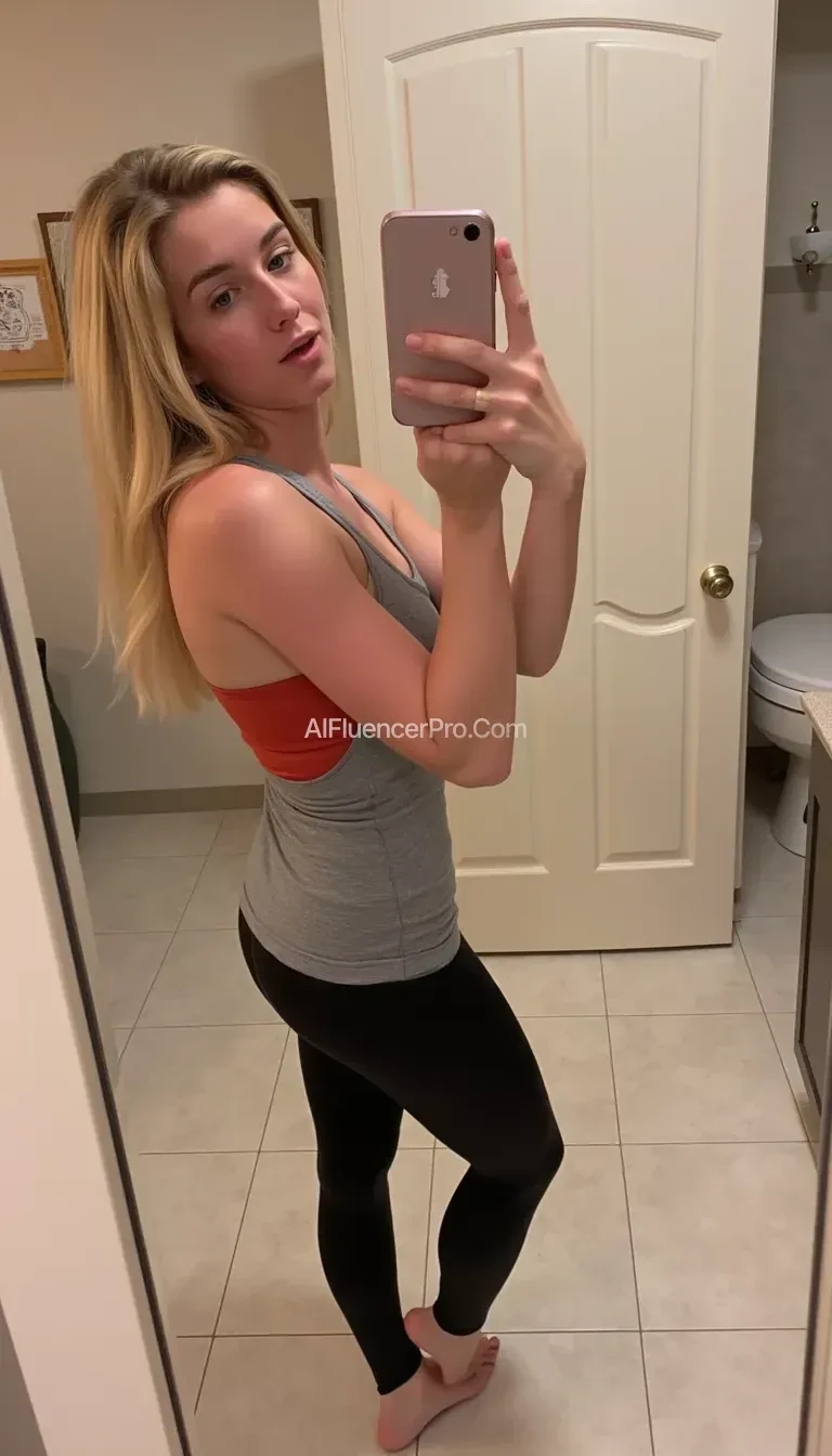 18 year old girl, in high school, wearing nike pro spanx, with her ass cheeks hanging out. She’s blonde with small tits, and a has a build of a cheerleader. Blue eyes. There’s a bit of cum on her nose. She’s taking a selfie so the image Is a full body picture