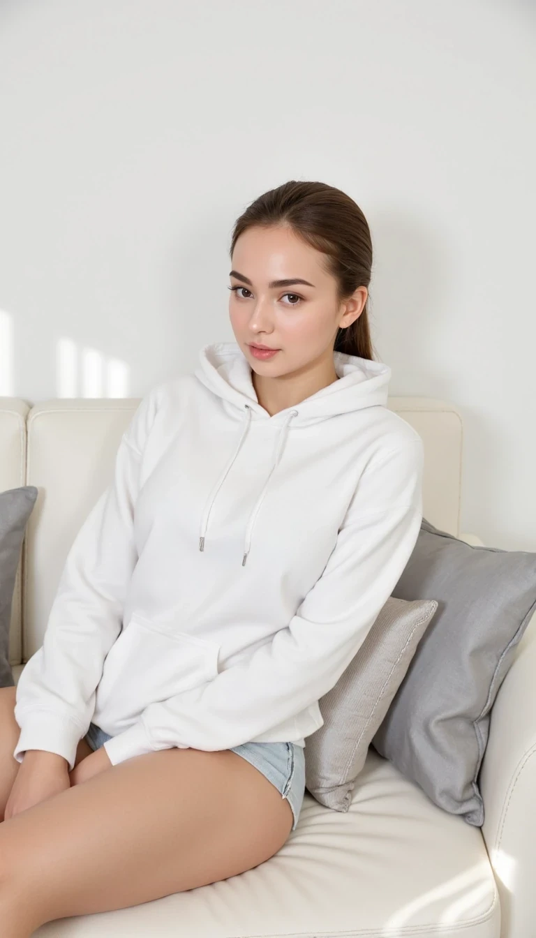 CSTMDL A woman sits on a modern white leather couch, wearing a white hoodie and light gray shorts. The setting is minimal and cozy, with soft gray and silver pillows surrounding her. She gazes over her shoulder with a thoughtful expression, while soft natural light illuminates the room, adding a gentle, relaxed ambiance.