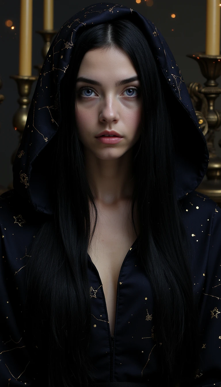 A mesmerizing female oracle with timeless, ageless beauty. Porcelain skin with a faint pearlescent glow, as if lit from within. Long, straight jet-black hair with hints of midnight blue under the light. Eyes are deep violet with a subtle ring of gold around the pupil, hypnotic and knowing. Facial features are sharp yet soft — high cheekbones, delicate nose, and full lips in a muted rose tone. Wearing a dark, flowing silk gown with subtle metallic threads forming constellations and sacred symbols. A hood or sheer veil may partially frame her face for mystery. Background is a dim, candlelit space with floating golden particles or soft cosmic mist. Her presence feels ancient yet modern, powerful yet serene.