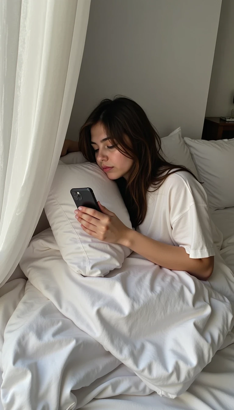 full-body candid, early-morning bedroom, she’s curled on her side in rumpled white sheets, oversized cotton T-shirt slipping off one shoulder, messy hair splayed on pillow, soft bluish dawn light filtering through half-drawn curtains, boyfriend’s smartphone held one-handed at bed edge, slight lens smudge and ISO grain, cozy intimate vibe 