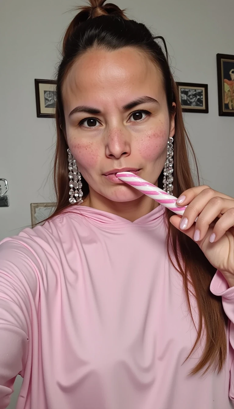 A medium shot photo of CSTMDL a slim 35-year-old native American woman, she poses seductively for the camera, she maintains intense eye contact with the camera at all times, she has cute pigtails, she is wearing a light pink onesie with text on the front that reads "daddy's little princess", she is sucking on a very thick candycane, realistic, 