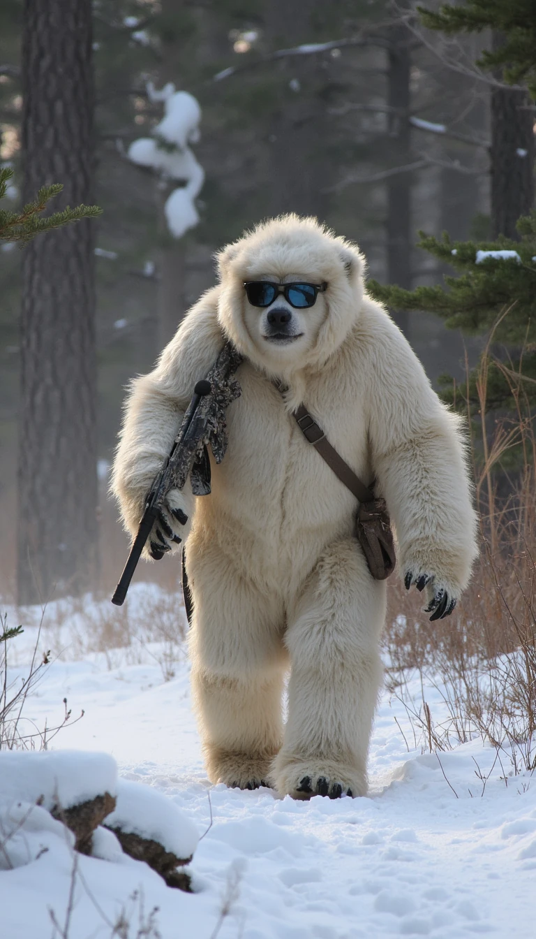 Yeti w sunglasses chasing hunters thru the woods
