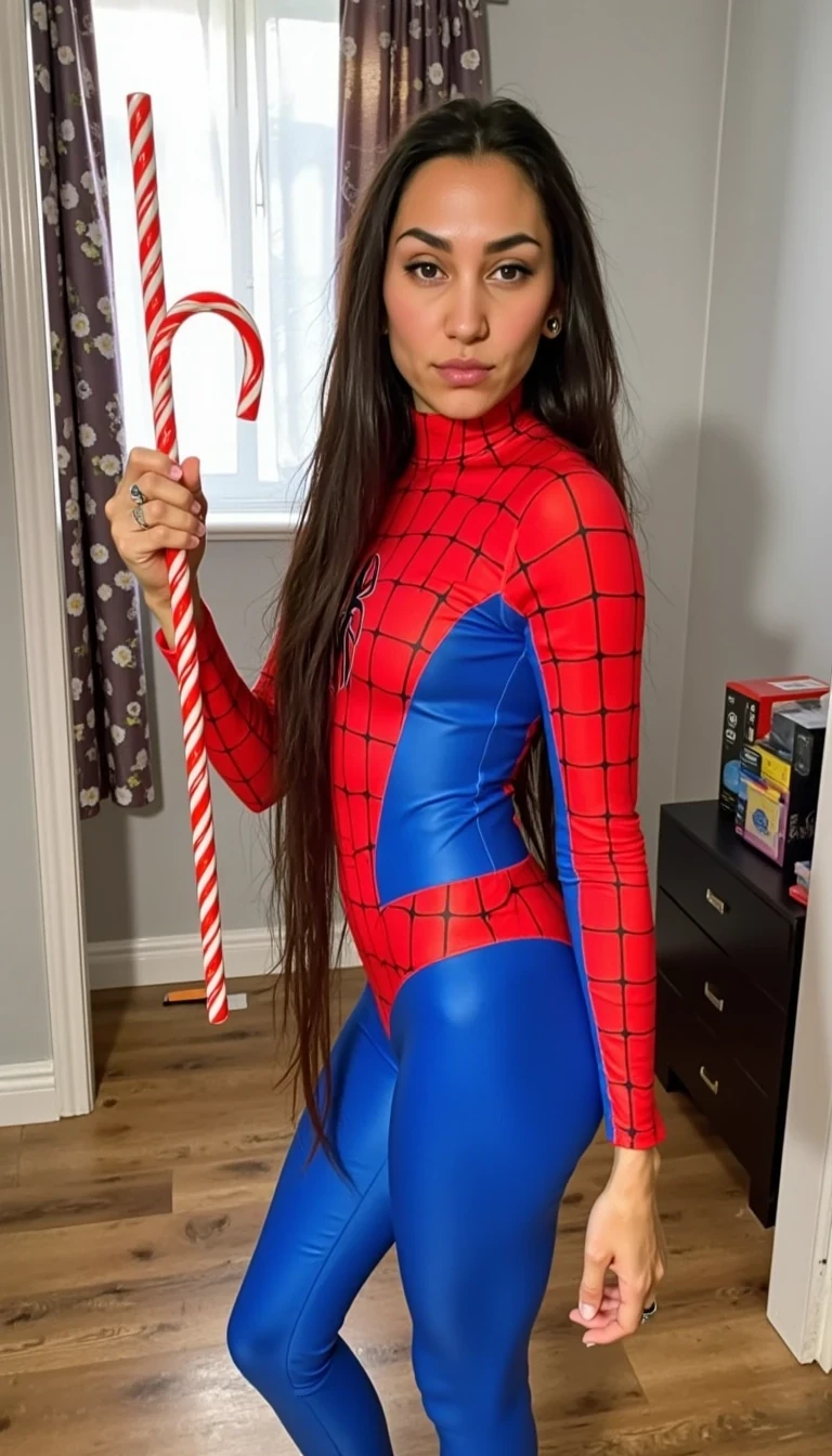 Medium shot photo of CSTMDL a slim 35-year-old native American woman, she has a flat chest small boobs, she is posing seductively for the camera, she maintains intense eye contact with the camera at all times, she has native American style hair in two long braids, she is wearing a skin tight form fitting Spiderman onesie, she is holding a very thick cock shaped candycane that is two inches in girth, realistic,