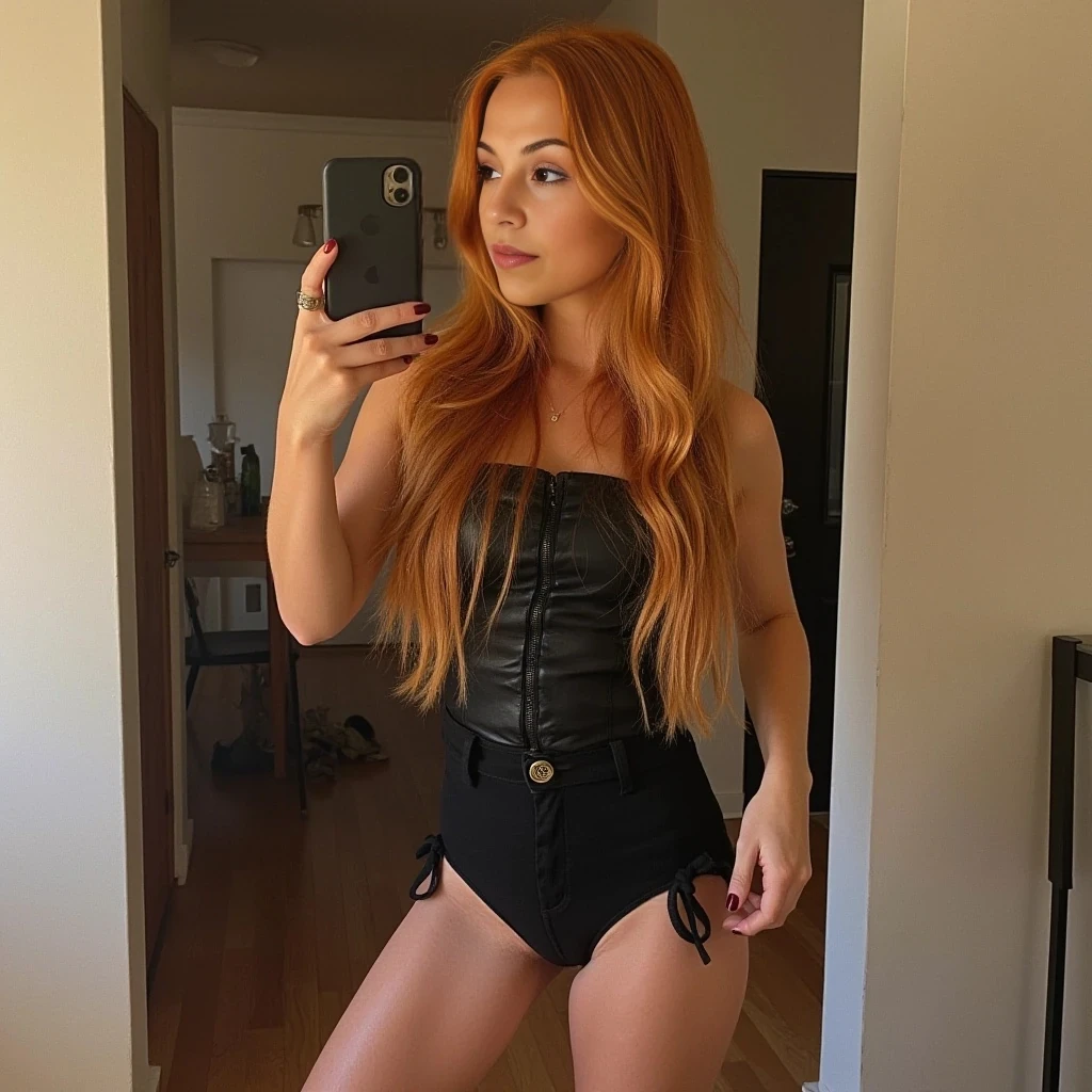 boring low quality snapchat photo, cute woman, reddish-blonde hair, sexy full outfit