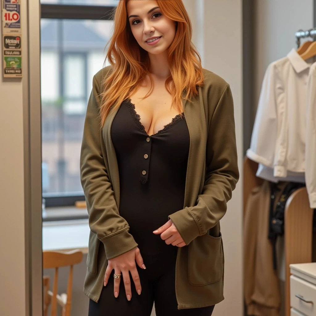 boring low quality snapchat photo, cute woman, reddish-blonde hair, in sexy office outfit
