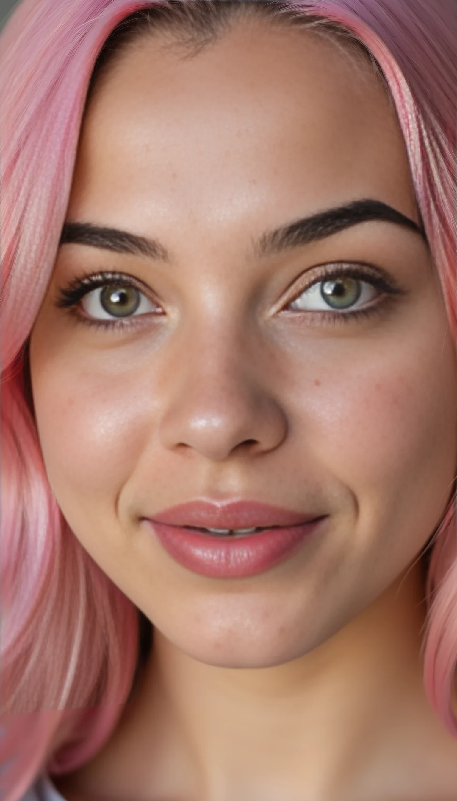 A portrait photo of a beautiful 22 years old model, mixed ethnicity of half white American half Brazilian, with natural pastel pink hair, bright jade green eyes, subtle freckles on her cheeks, ultra detailed eyes with sharp iris reflections, slight smile, studio-quality, extremely realistic HD