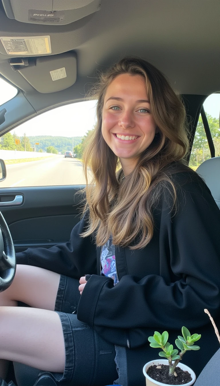 boring low quality snapchat photo circa 2015, A young woman with a warm smile, sitting in the driver's seat of a cozy car. She has soft, wavy brown hair cascading past her shoulders. The sunlight streams through the window, casting a gentle glow on her face. The interior of the car is neat and comfortable, with a coffee cup in the cup holder and a small plant on the dashboard. The background outside the window shows a scenic road lined with trees and blue skies