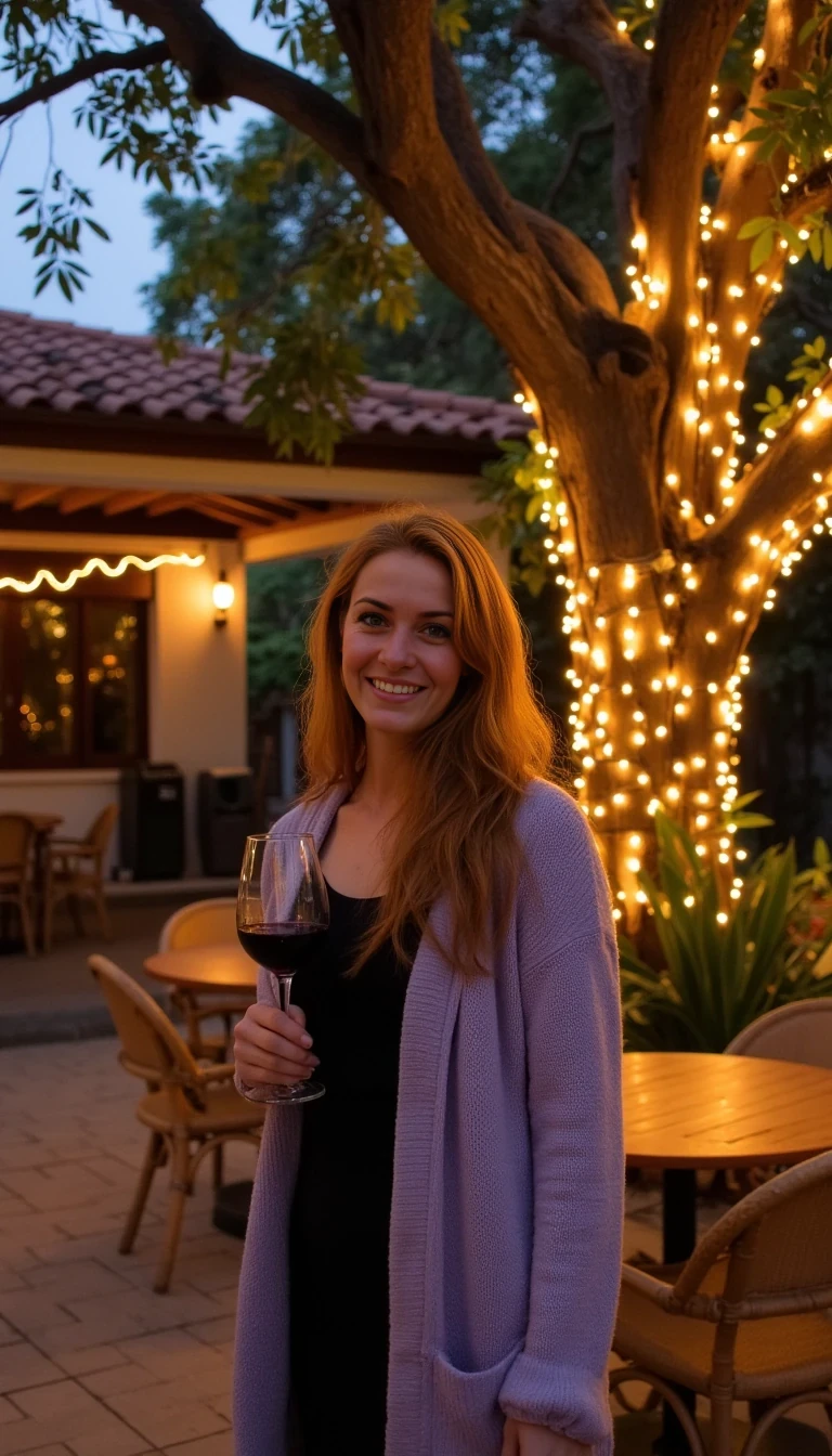 A full body shot photo of a woman standing outdoors at a cozy, warmly lit patio in the evening, with soft, glowing lights wrapped around a tree behind them creating a charming atmosphere. The image is rich in detail, with warm tones and clear textures throughout. The woman has fair skin, a slim build, and long reddish-blonde hair, also worn loose. She is smiling warmly at the camera, holding a glass of red wine in her right hand, and wears a soft-textured lavender cardigan over a black top. The background features a large tree with sparkling string lights wrapped around its trunk and branches, adding a magical touch to the scene. The setting suggests a private outdoor seating area, with elements like terracotta-tiled roofing, greenery, and rattan chairs contributing to a serene, inviting vibe. The overall composition is balanced, with the woman framed against the softly glowing tree, and the lighting enhances the warm, intimate feel of a quiet evening shared among friends. The details are vivid, with textures of clothing, skin, and background elements clearly visible. There are dinosaurs eating people