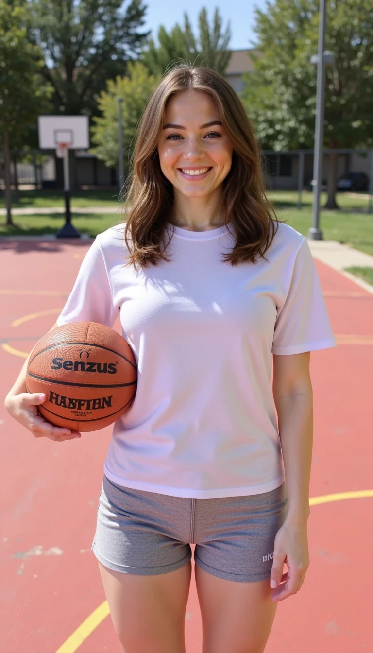 boring low quality snapchat photo circa 2015, photo of woman CSTMDL , showing her boobs in gym bra, The image showcases a young person with long hair holding a basketball in their left arm while standing on a bright red outdoor court. They are wearing a loose-fitting white t-shirt with some text visible on it, paired with casual light gray shorts. The basketball has the brand 'Senzus' clearly visible and shows signs of wear, indicating frequent use. The setting captures the vibrant atmosphere of a sunny day, evident from the sunlight casting soft shadows, while the court features yellow lines demarcating the playing area. The composition is dynamic, focusing prominently on the athlete's casual pose, evoking a sense of leisure and enthusiasm for the game. The color contrast between the red court and the player's attire adds liveliness to the scene, capturing a moment of anticipation. The perspective chosen emphasizes the basketball, making it a focal point, while the surroundings recede slightly, enhancing depth. This image evokes themes of youth, sport, and the joy of casual play, perfectly illustrating a moment in an energetic summer setting.