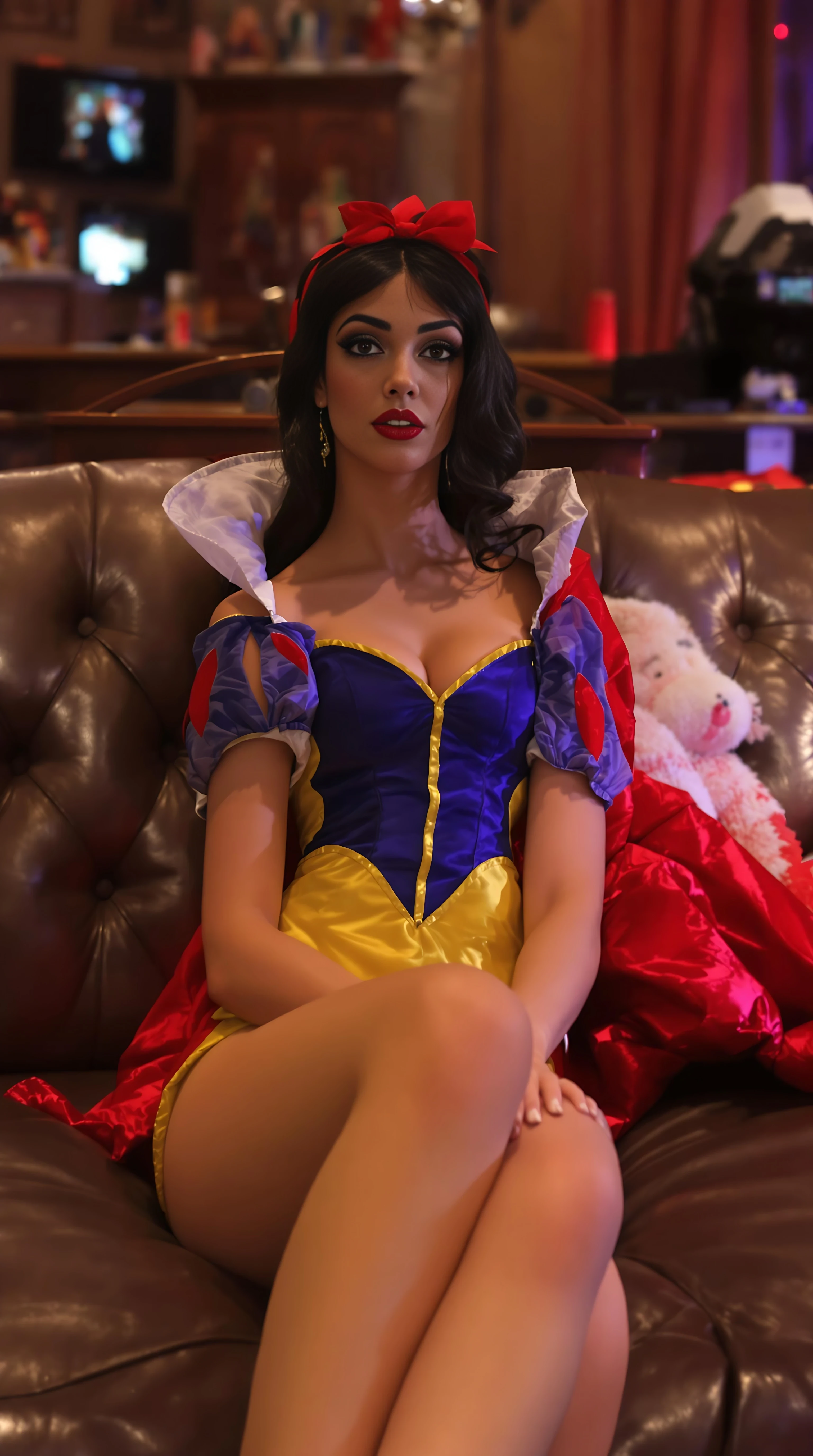 A 21st century new year 2025 modern Disney princess snow white version, disney pixar, pixar, Disney princess snow white, but shes 18 years old now and a adult film actress, sitting very pretty on the casting couch, all dolled up, adult filming studio with a couch cameras, and an interviewer and a big very muscular ver masculine large dark skinned man waiting to do her, I think everyone is eager and excited to watch her work in the adult video scene, I mean come on she disney princess Snow white and she a baddie, porn, pornstar, it's was Disney princess snow white deepest hidden desire to be a pornstar and deaired by all men, she finally got the courage to go to a porn casting,