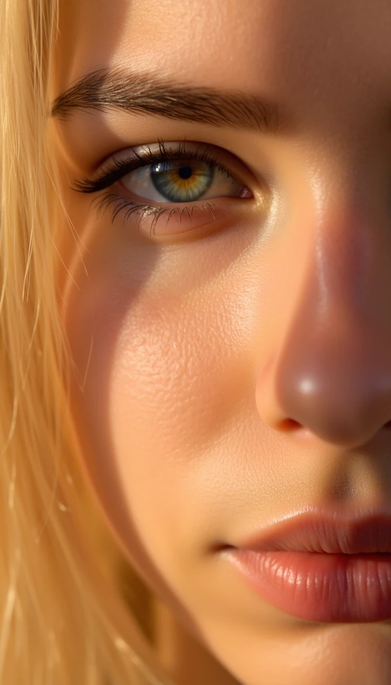 CSTMDL Ultra close-up portrait of Blondivas face in golden hour lighting, focused on the eye and cheekbone. Skin is dewy, radiant, and glowing with natural highlights. Soft shadows play across the face. One strand of hair softly falls across the forehead. Eye is sharp, luminous, and expressive. Cinematic soft focus, high-resolution detail, natural makeup, warm tones. Blondiva is looking  up directly at the camera above her head. She has ice blue eyes which are being hit with sunlight
