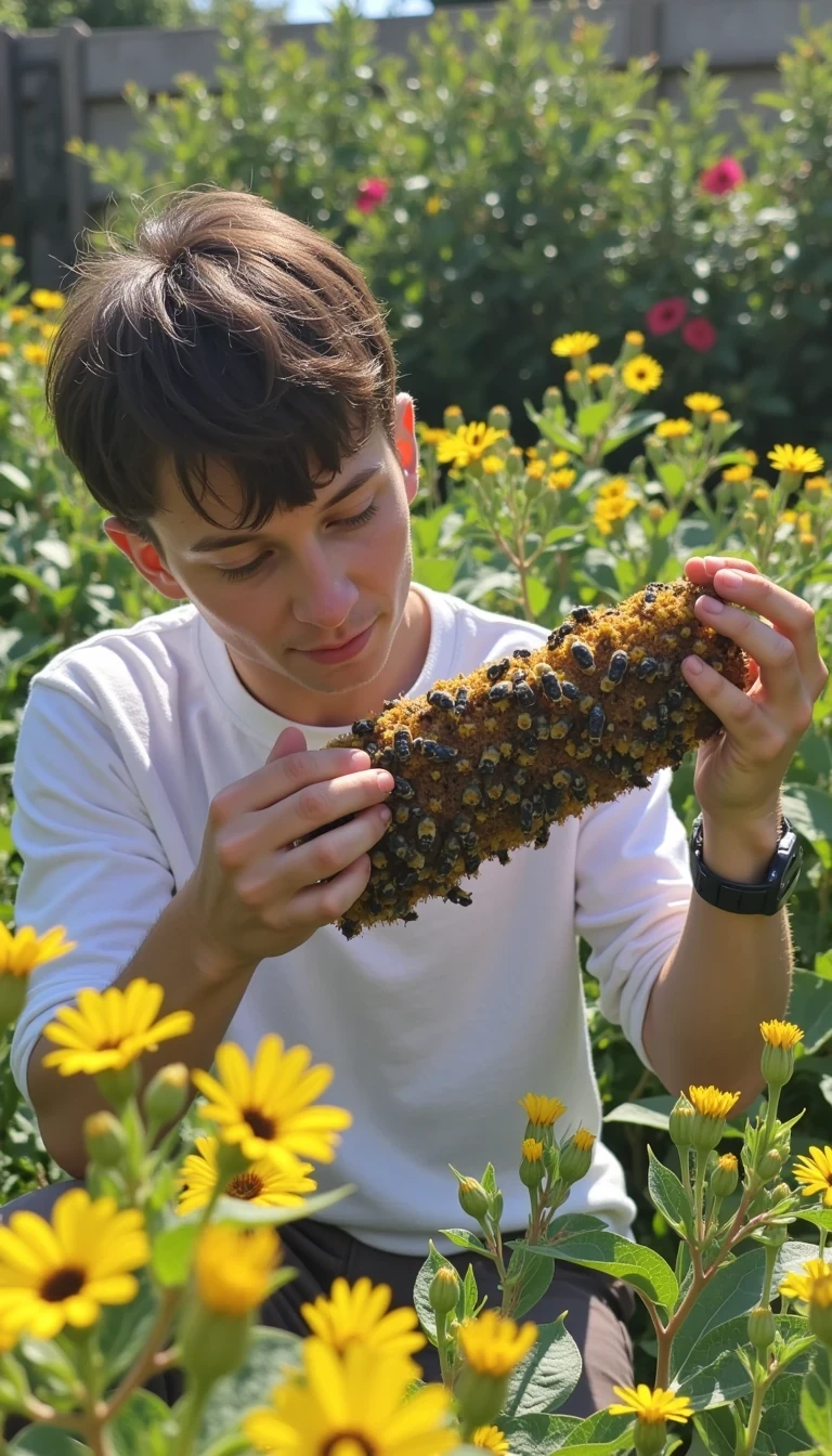 Samuel is outside in the garden. You can clearing see him kissing bees on the mouth. Thousands of bees

