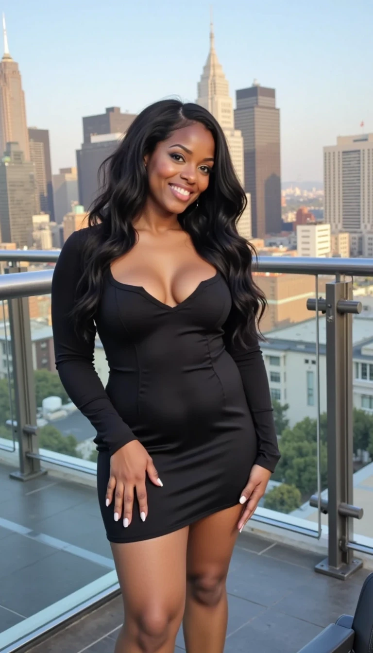 IMG_2019.HEIC, CSTMDL woman selfie at a high-end rooftop with a city skyline in the background, She’s smiling with a slight head tilt, giving off a confident, sexy, but tasteful energy, wearing a short black dress that reveals some chest, paired with black high heels, revealing just a touch of cleavage, Her fingernails and toenails are styled with a crisp white French manicure and pedicure, curvy with full hips, a large butt, and a full chest, low quality snapchat style