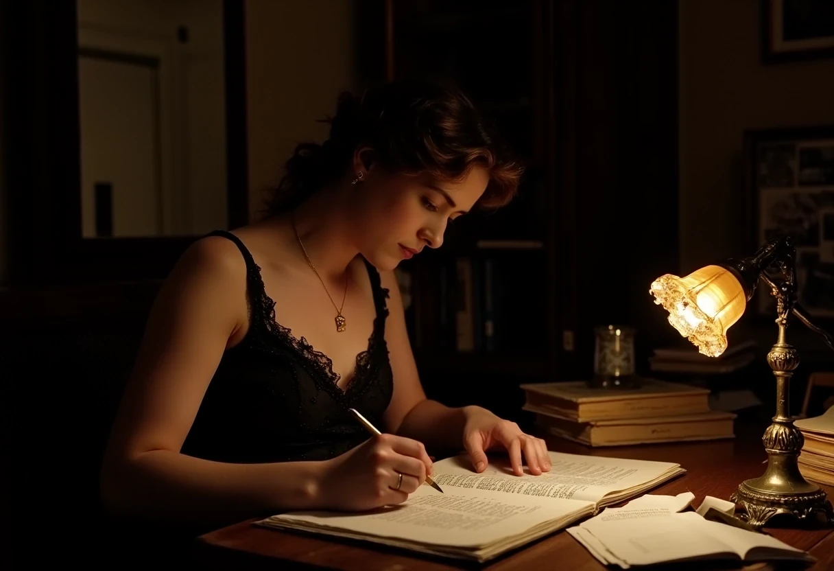 photo of woman CSTMDL, brunette, small pendant, hair tied, blue eyes, black night dress, working late night at her desk. The room is dark, the only light is a Gallé art nouveau desk lamp.
She’s surrounded by old books and sheets of paper she worked on.
She’s surrounded by her works in a beautiful art nouveau room