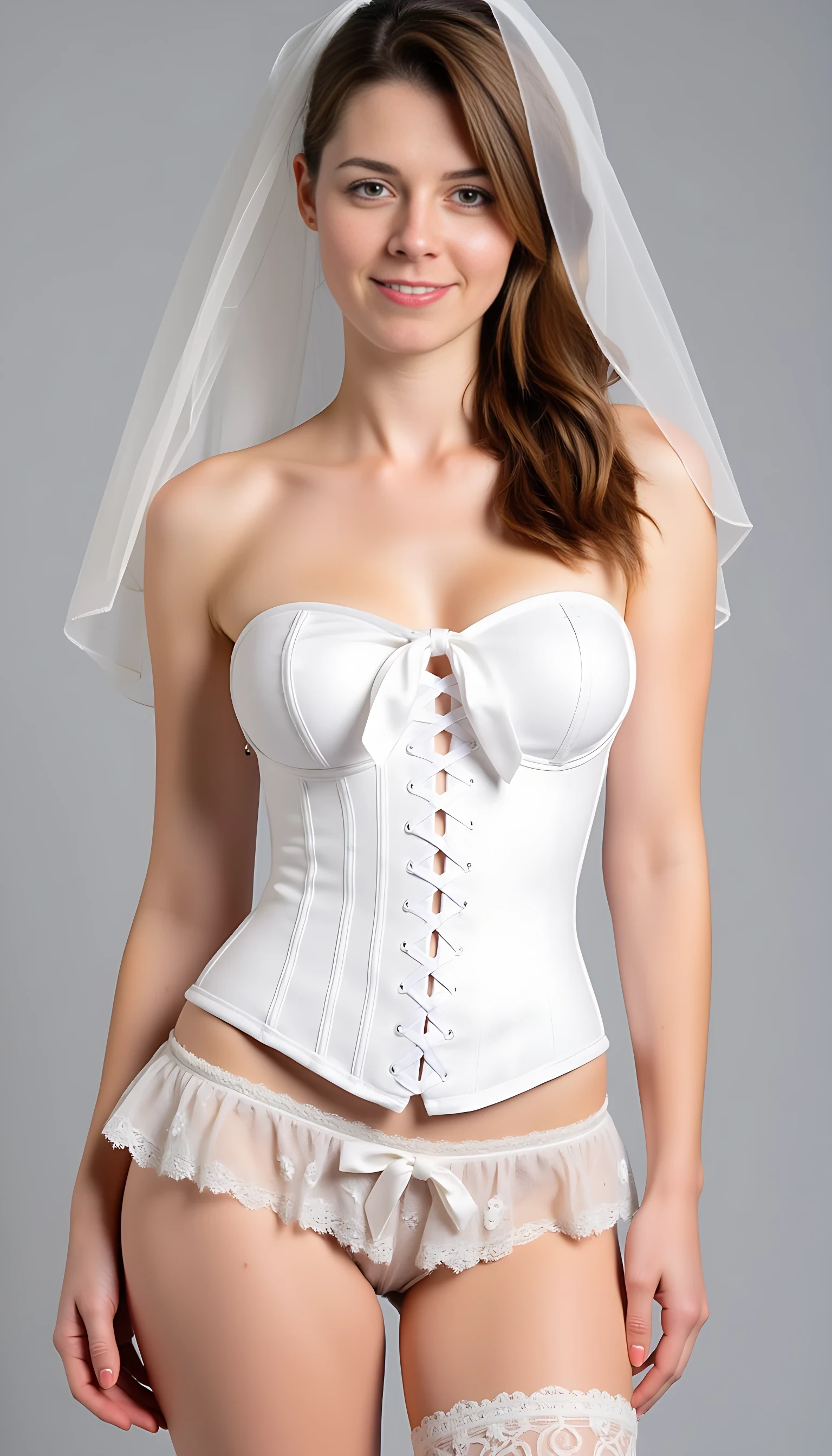 This is a photograph of a young woman CSTMDL posing against a plain, light gray background. She has ice blue eyes, has brunette hair cascading over her shoulders and a fair complexion. The woman is dressed in a provocative, bridal-themed lingerie set. She wears a strapless, white corset with white lace-up details and a bow at the center. The corset accentuates her very big, massive large-sized natural breasts and cinches her waist, emphasizing her slim figure. Her lower attire consists of a very short, ruffled white skirt with a white ribbon tied around her waist, revealing her midriff and her white intricate lace panties. She has a white garter belt around her thigh, also adorned with a white ribbon. She has a seductive expression, looking directly at the camera with a soft smile. She also wears a delicate, white bridal veil that drapes over her head, adding to the bridal theme. The overall image has a soft, feminine vibe with a touch of sensuality, highlighting the model's allure and the delicate textures of the lingerie. The lighting is even, creating a clean and polished appearance.