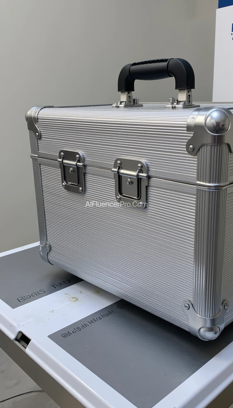 A picture of a metallic, rectangular box with a ribbed pattern. It has two shiny metal latches on the front and a black handle. The corners are reinforced with metal protectors. The box has a sleek, industrial design, primarily silver in color on a custom x-ray scan table