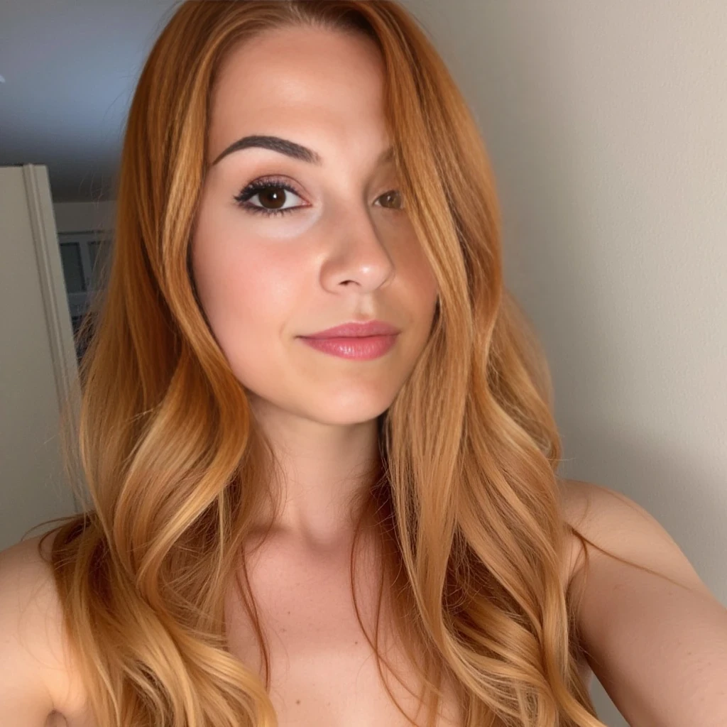 boring low quality snapchat photo, cute woman, reddish-blonde hair, nude