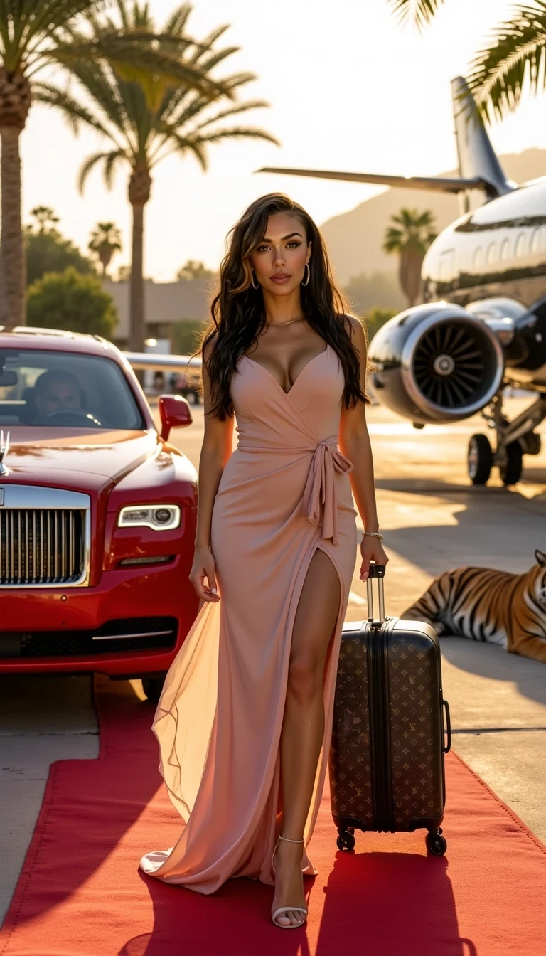 thick, curvy, sexy, showing cleavage/big breast, straight haired 155 lb Alice: A cinematic, photorealistic image of Alice stepping gracefully onto a red carpet beside a sleek red Rolls-Royce Phantom and a black private jet under the golden morning sun. Palm trees line the tarmac, their leaves gently swaying in the breeze, framing the luxurious scene. Alice, a confident and elegant woman with bronzed skin, long brunette hair flowing softly, and refined facial features, wears a flowing blush-pink designer gown that catches the light beautifully. She holds a stylish Louis Vuitton travel suitcase, exuding the aura of power, wealth, and effortless sophistication. Pet tiger laying next to the Rolls Royce Phantom. The setting glows with warm sunlight, creating soft reflections on the Rolls-Royce and jet, symbolizing success and high-society glamour. 8k ultra-detailed realism, shot with Sony A7 IV 500mm lens wide screen, luxury travel editorial, cinematic composition, soft golden light, professional fashion photography 



