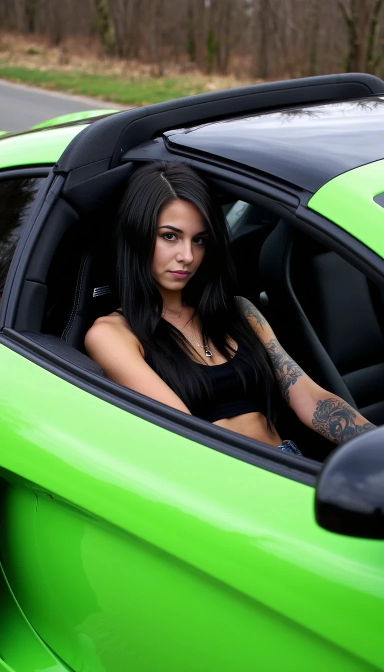 sexy tattood long black hair russian girl in the drivers seat of a green mclaren. 