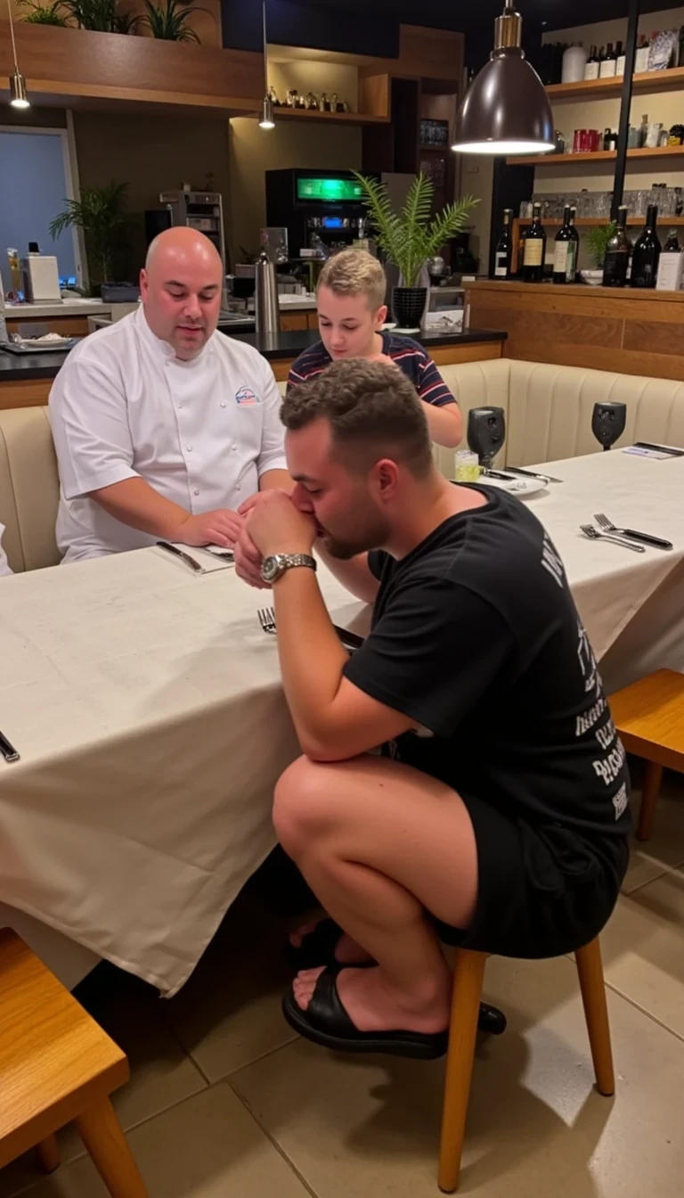 photo of man CSTMDL, fully clothed, kissing a sushi chefs feet at a restaurant