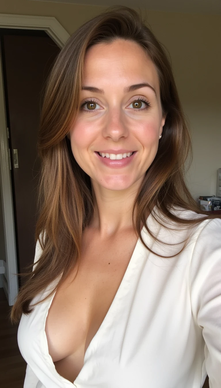 boring low quality snapchat photo circa 2015, finance girl, girl next door, half Dutch half British, light brown hair, blouse with a bit of cleavage