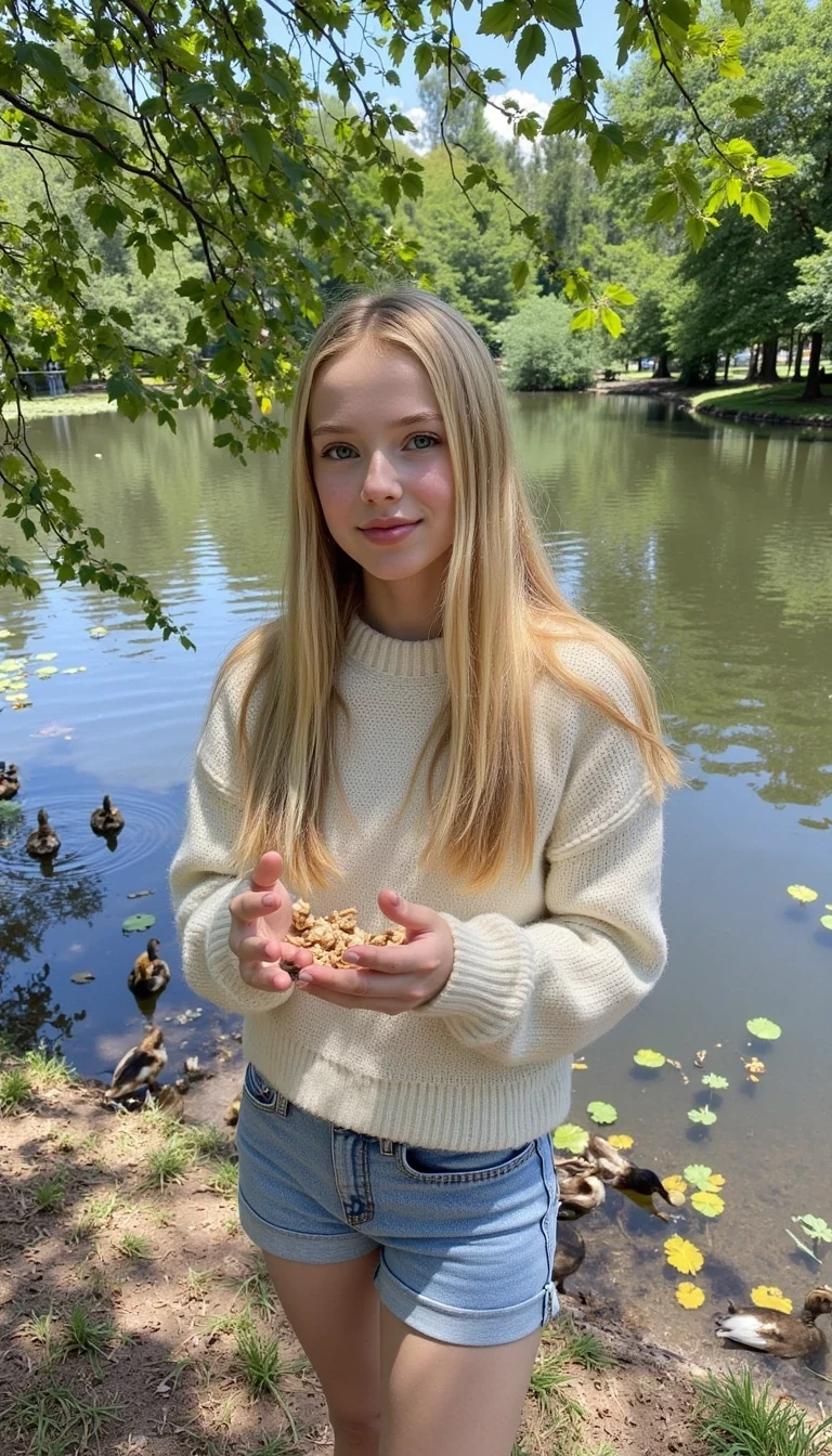 photo of woman CSTMDL, she has long blonde straight hair, very light blue eyes and fair skin. plump pink lips with a slight tint of red. she is smiling, looking away from the camera. she is a baby faced woman with striking light blue eyes and very fair skin and barely noticeable freckles and silky extremely light blonde hair. She wears minimal makeup, with subtle mascara accentuating her long lashes and a natural red gloss on her lips while smiling 
A cute girl with very light blonde, pin-straight hair stands at the edge of a tranquil pond, surrounded by the soft colors of nature. Her hair falls neatly down her back, catching glints of sunlight that make it almost shimmer like gold. She’s wearing a light pastel sweater and denim shorts, dressed casually but neatly, with a peaceful air about her.

In her hands, she gently crumbles bits of bread or bird feed, tossing them into the water with care. A group of ducks paddle eagerly toward her, rippling the surface of the calm water as they go. Some flap their wings gently or dip their beaks under the surface, while others already cluster near the shore, waiting for more.

The pond reflects the soft blue of the sky and the surrounding greenery, with patches of reeds and lily pads decorating the water’s edge. Sunlight filters through the trees above, casting dappled patterns on the girl and the ducks.

Her expression is calm and gentle, maybe even smiling slightly—completely absorbed in the moment. The whole scene gives off a serene, storybook-like feel, as if time has slowed just for this quiet interaction between girl and nature.
