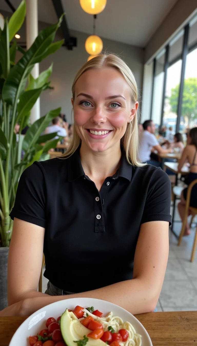 CSTMDL, Hailey, A photorealistic portrait of a young woman in her early 20s with fair porcelain skin, smooth complexion, subtle natural makeup with soft pink lips and light eyeliner, straight blonde hair tied back in a neat ponytail, bright blue eyes sparkling with warmth, friendly genuine smile revealing straight white teeth, confident and approachable demeanor, gazing directly at the viewer with engaging eye contact; she is wearing a fitted black short-sleeved polo shirt, tucked into slim black pants, no visible accessories; set in a modern upscale cafe interior with high ceilings, large floor-to-ceiling windows allowing soft diffused natural daylight to flood in from the right side, creating gentle highlights and soft shadows on her face and clothing, warm ambient hanging pendant lights with golden glow in the background; background details include a tall green potted plant with broad leaves to the left, patrons seated at wooden tables including a man in a beige shirt facing away, another in gray chatting, and a woman in a black tank top with long brown hair; dominant colors are neutral blacks and grays with pops of green foliage, warm wood tones, and red accents from the food; overall welcoming and lively casual dining atmosphere, evoking freshness and hospitality; composition is a medium close-up shot from a slight low angle to emphasize approachability, framed centrally with balanced symmetry, captured with a Canon EOS 5D Mark IV camera using a 50mm prime lens at f/2.8 aperture for shallow depth of field, ISO 100 for crisp details, natural window lighting supplemented by soft indoor LEDs at 4000K color temperature, hyper-realistic textures like the soft cotton weave of the polo shirt, and smooth skin pores; ultra-detailed, hyperrealism, photorealistic rendering indistinguishable from a high-resolution photograph, 8k resolution, sharp focus on the woman and plate with bokeh background.