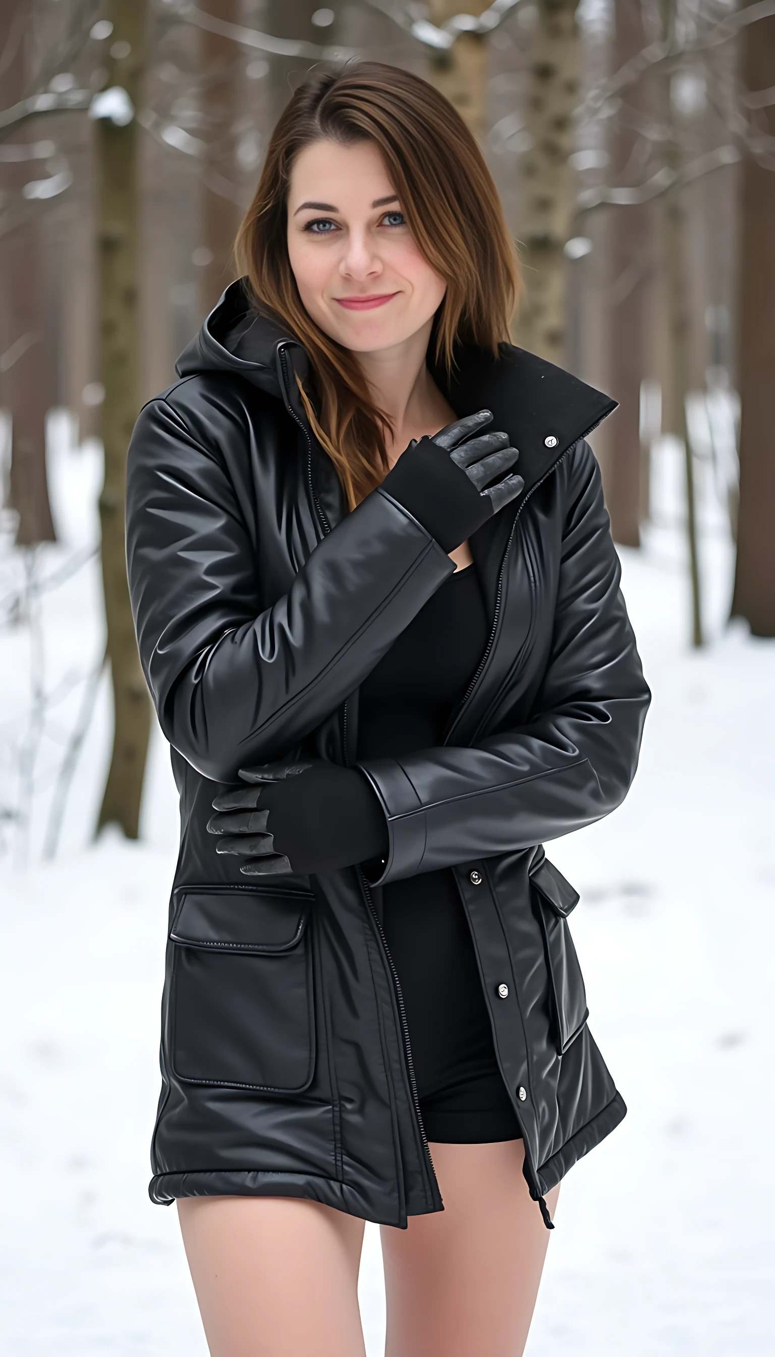 Woman CSTMDL, solo, long brunette hair, blue eyes, breasts, looking at viewer, smile, open mouth, thighhighs, gloves, long sleeves, big breasts, nipples, jacket, ass, full body, boots, thighs, outdoors, day, pussy, black gloves, spread legs, clothes lift, from behind, black footwear, lips, coat, no bra, makeup, no panties, black shirt, uncensored, bottomless, anus, shirt lift, knee boots, lipstick, all fours, breasts apart, web address, snow, forest, eyeshadow, naughty face, snowing, nose, photo (medium), top-down bottom-up, eyeliner, leather, presenting, on ground, bare tree, crotch, mascara, clitoral hood