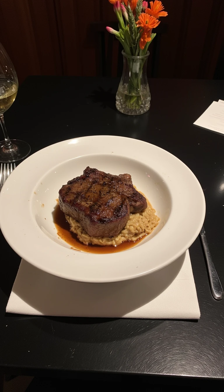 boring low quality snapchat photo circa 2015, this picture is being taken in a fancy restaurant. the picture is of a T bone steak. The food is in a white dish on a black table. 
