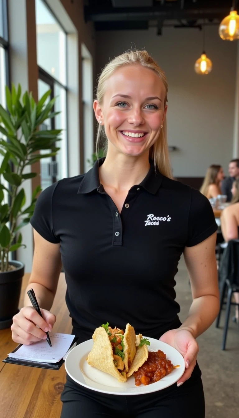 CSTMDL, Hailey, photorealistic portrait of a young woman in her early 20s with fair porcelain skin, smooth complexion, subtle natural makeup with soft pink lips and light eyeliner, straight blonde hair tied back in a neat ponytail, bright blue eyes sparkling with warmth, friendly genuine smile revealing straight white teeth, confident and approachable demeanor, gazing directly at the viewer with engaging eye contact; she is wearing a fitted black short-sleeved polo shirt with a small embroidered logo on the chest reading "Rocco's Tacos" in white lettering, tucked into slim black pants, no visible accessories; She is working as a waitress. she is holding a note pad and and writing on it. she is in front of a table taking the order. The is a couple at the table; set in a modern upscale cafe interior with high ceilings, large floor-to-ceiling windows allowing soft diffused natural daylight to flood in from the right side, creating gentle highlights and soft shadows on her face and clothing, warm ambient hanging pendant lights with golden glow in the background; background details include a tall green potted plant with broad leaves to the left, patrons seated at wooden tables including a man in a beige shirt facing away, another in gray chatting, and a woman in a black tank top with long brown hair; dominant colors are neutral blacks and grays with pops of green foliage, warm wood tones, and red accents from the food; overall welcoming and lively casual dining atmosphere, evoking freshness and hospitality; composition is a medium close-up shot from a slight low angle to emphasize approachability, framed centrally with balanced symmetry, captured with a Canon EOS 5D Mark IV camera using a 50mm prime lens at f/2.8 aperture for shallow depth of field, ISO 100 for crisp details, natural window lighting supplemented by soft indoor LEDs at 4000K color temperature, hyper-realistic textures like the soft cotton weave of the polo shirt, and smooth skin pores; ultra-detailed, hyperrealism, photorealistic rendering indistinguishable from a high-resolution photograph, 8k resolution, sharp focus on the woman and plate with bokeh background.