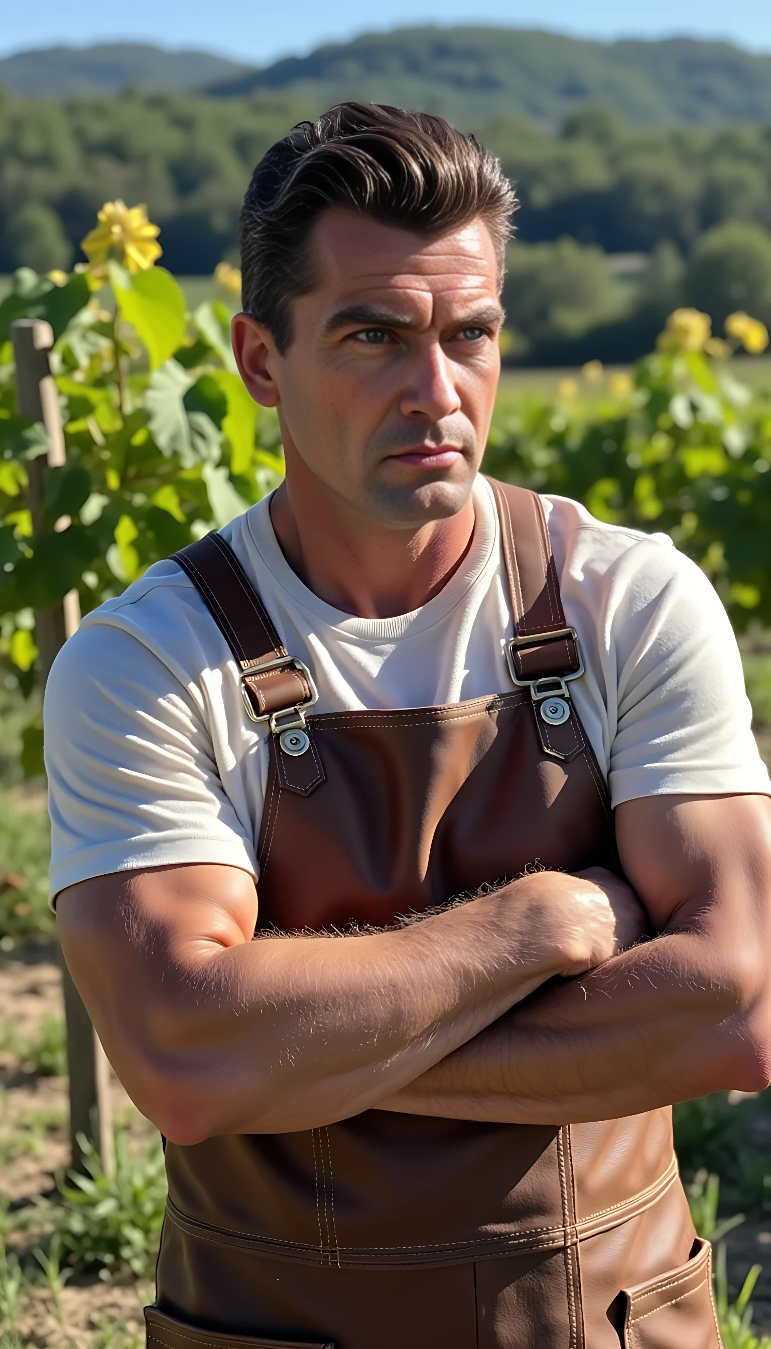 photo is taken in 2020. It's an 8k high quality photo of man CSTMDL, in his forties, black hair with some white hairs due to age, blue eyes. His arms are crossed on his chest in front of his french wineyard situated in Burgundy. He's proud of his domain and of his wine and is wearing some simple winemaker attire with a brown leather apron. He's well built, quite muscular and athletic for his age. he looks like a man you don’t mess with. 
