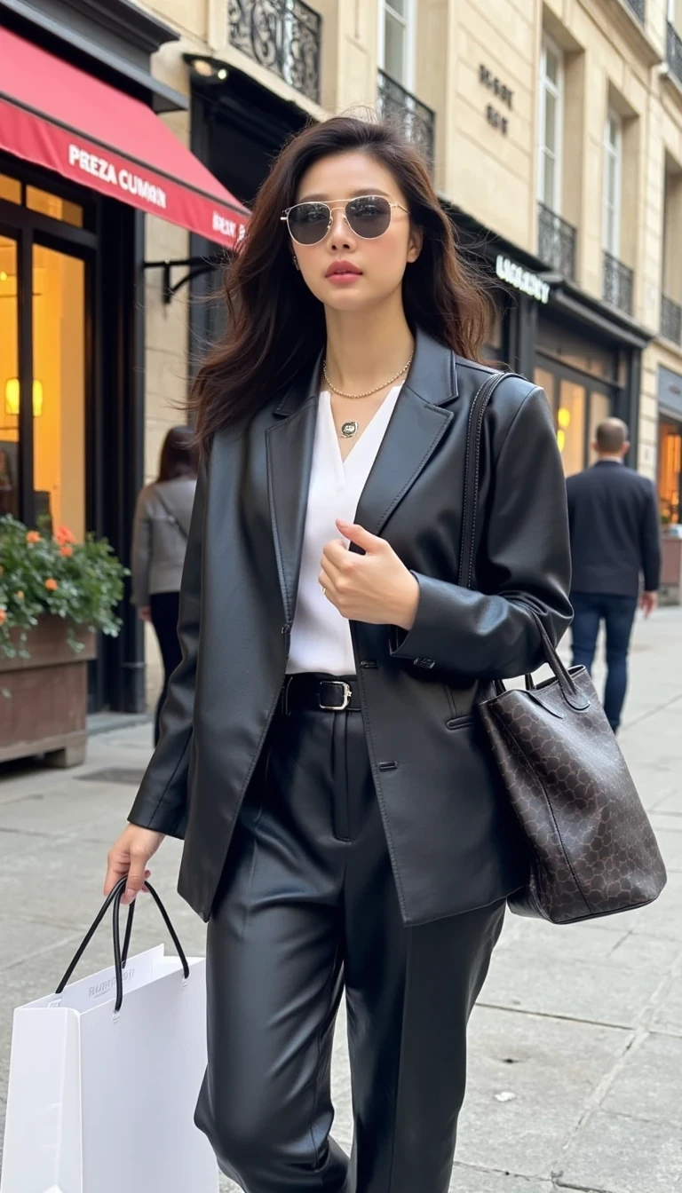 A young Korean woman strolling down the chic Avenue Montaigne in Paris, dressed in a stylish, sophisticated outfit. She carries a few designer shopping bags in one hand, exuding confidence and grace. The elegant boutiques lining the avenue are reflected in her sunglasses, while the iconic Parisian architecture sets the backdrop. Her look is effortlessly fashionable, blending modern trends with classic Parisian flair

