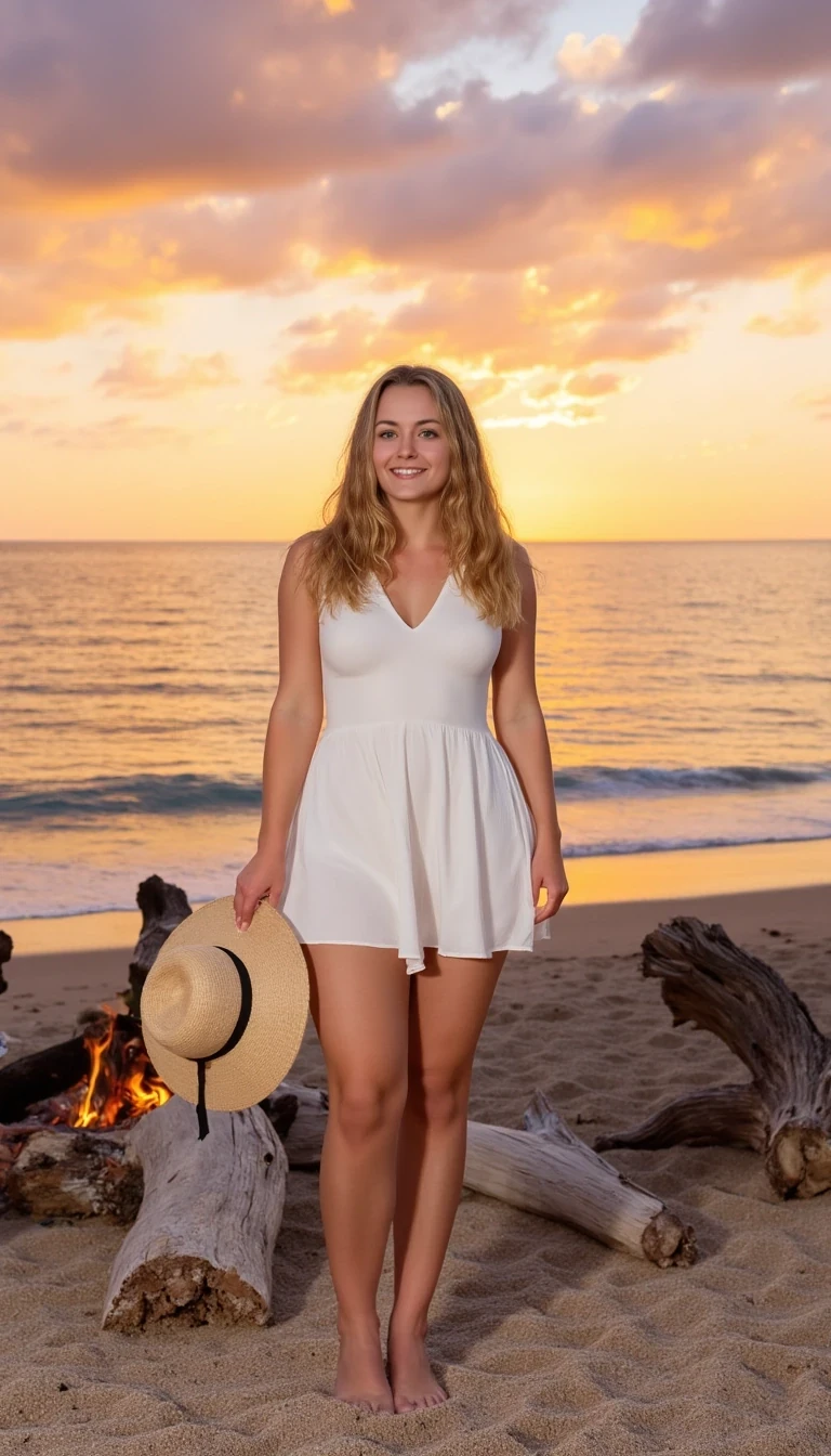 CSTMDL, A full-body photo of a woman standing barefoot on a sandy beach during sunset, bathed in warm golden light. She has fair skin, a slim figure, green eyes, and long blonde hair gently blowing in the breeze. She's wearing a flowing white sundress, smiling joyfully, holding a straw hat loosely by her side. The sky behind her is painted with vivid oranges, purples, and pinks, reflecting beautifully on the serene ocean waves. Nearby, a cozy bonfire surrounded by driftwood seats provides an inviting, relaxed ambiance. The image captures a carefree, tranquil beach atmosphere, rich in vibrant color and gentle textures.